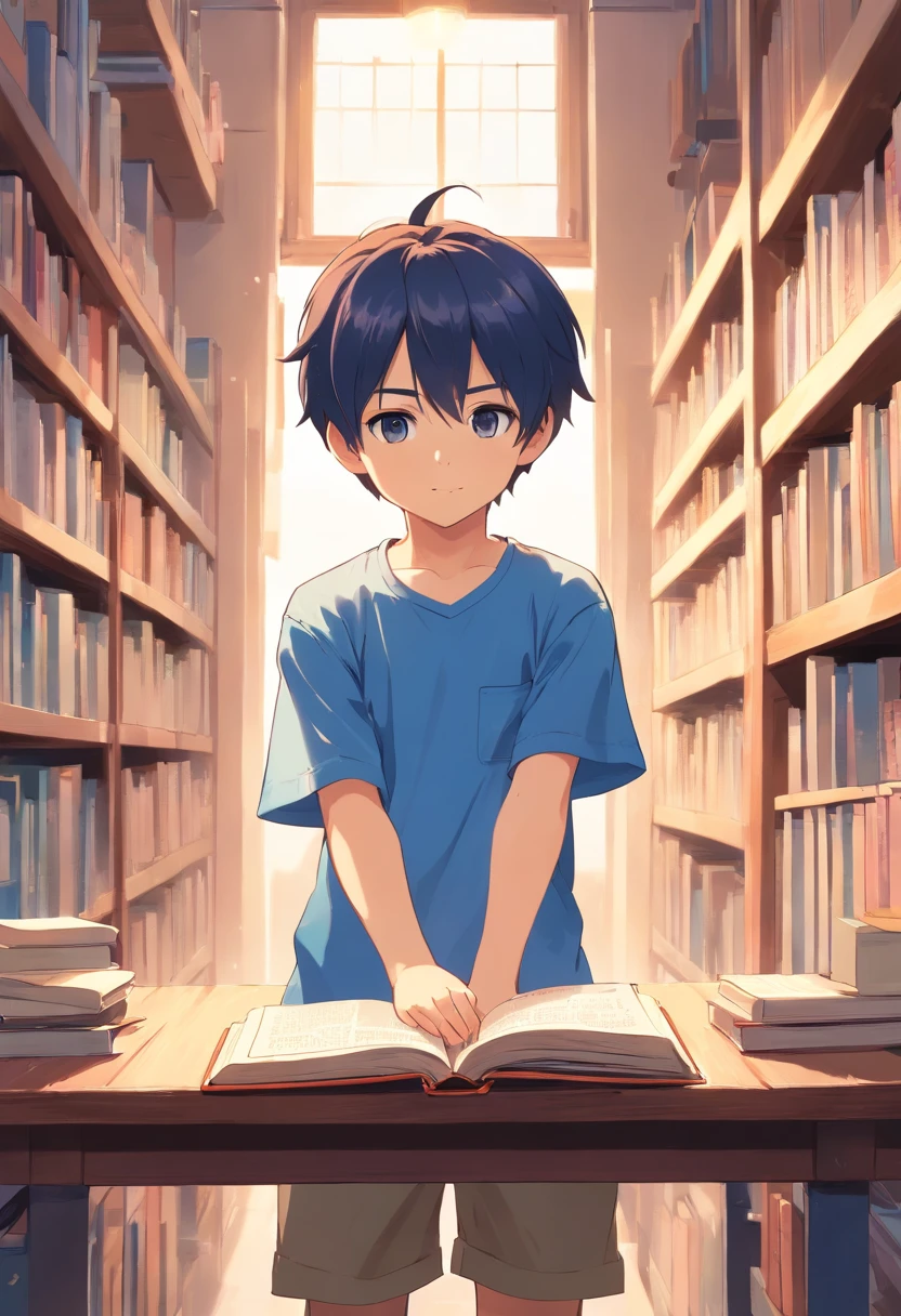 Cute boy in a short-sleeved blue shirt shows a book explained