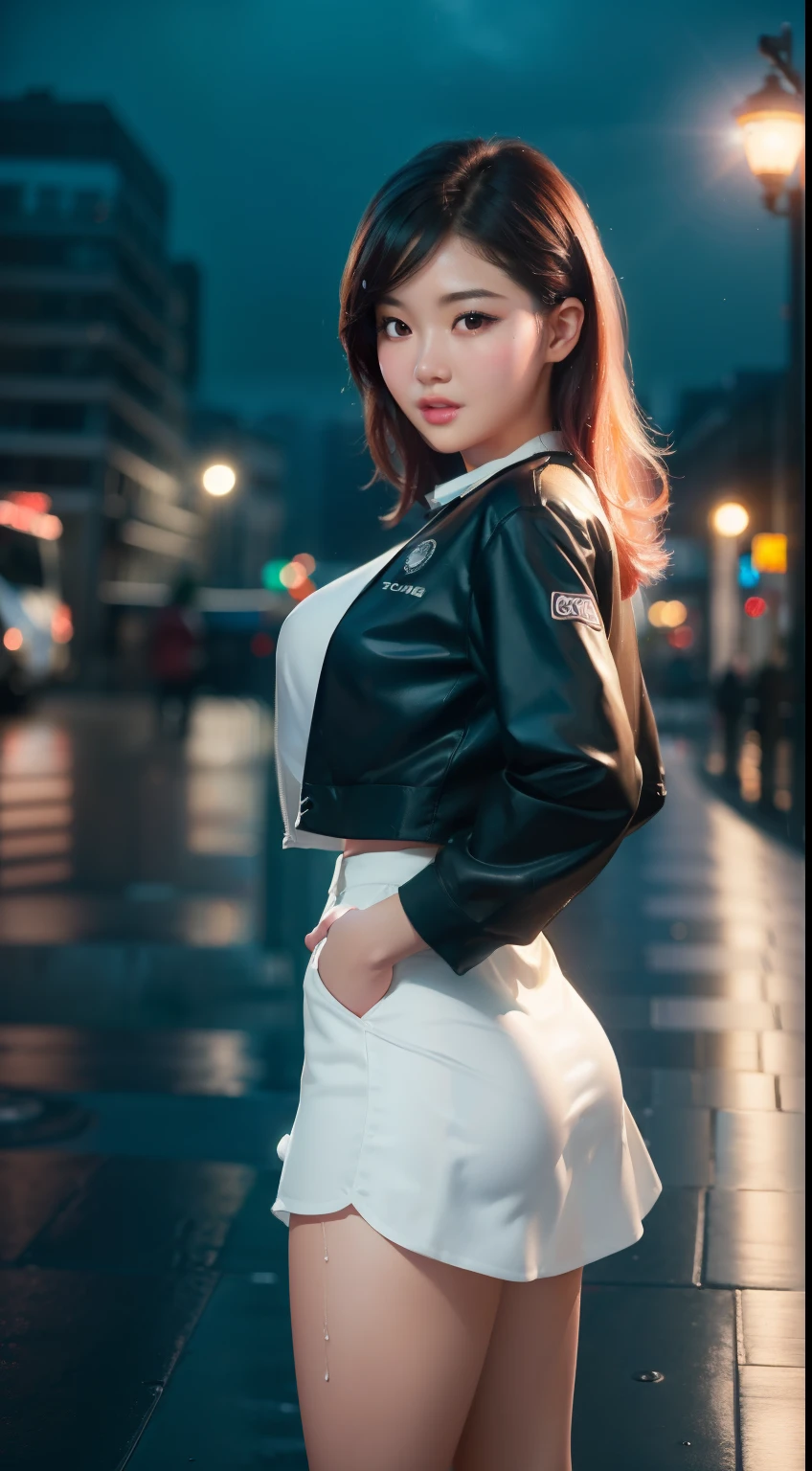 (8k, Foto RAW, best quality, master part:1.2), (Realistic, photo-realistic:1.37), Omertosa, 1girl, (Kpop idol), (Aegyo Will:1), fofo, Cityscape, chuva, Wet, professional lighting, photon maping, radiosidade, Physically-based rendering,,