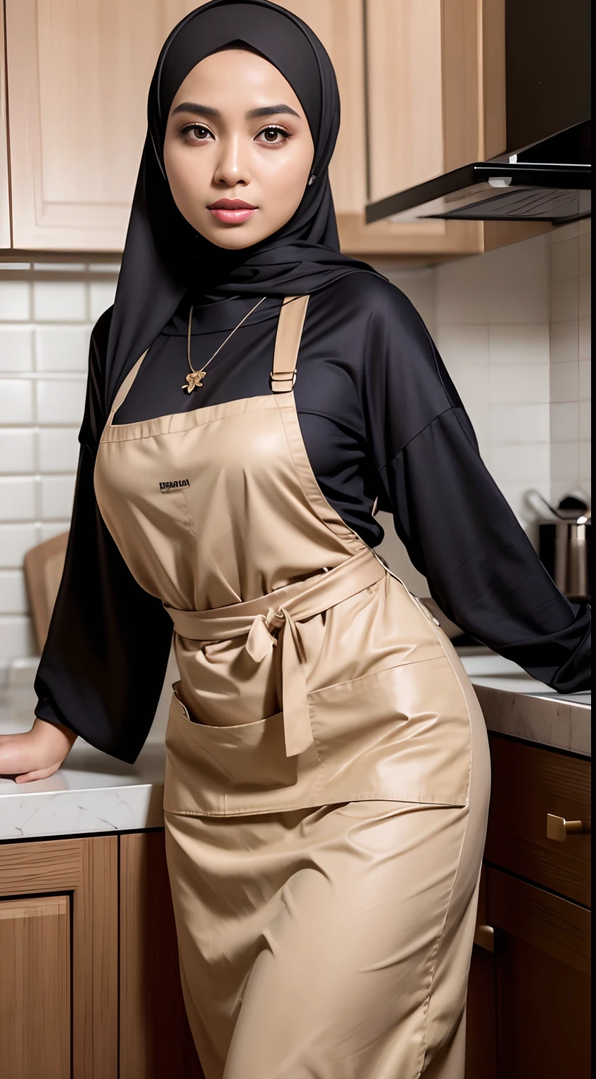 RAW, Best quality, high resolution, masterpiece: 1.3), beautiful Malay woman in hijab (iu:0.8),(Best quality, 8k, masterpiece: 1.3), with perfect figure: 1.2, wearing a pendant, wearing an apron, in the kitchen, highly detailed face and skin, detailed eyes, double eyelids, big breasts