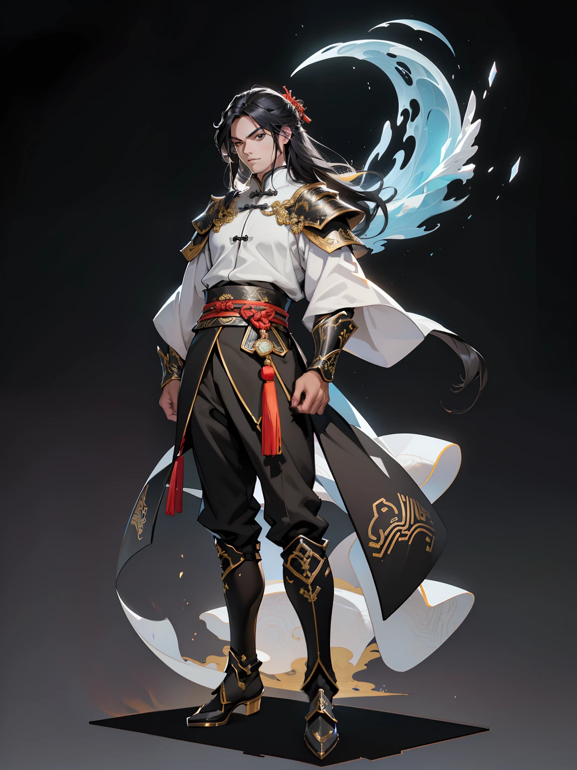 (High resolution, Pixels are perfect, luxurious illustration), (hyper quality, masutepiece, Ethereal: 1.4),(Solo:1.4), ((((Full body)))),((((medium long shot)))), ((ambiguous gender)), young, long hair blown up, detailed black hair, black eyes, (((chinese armor))), (grey background),