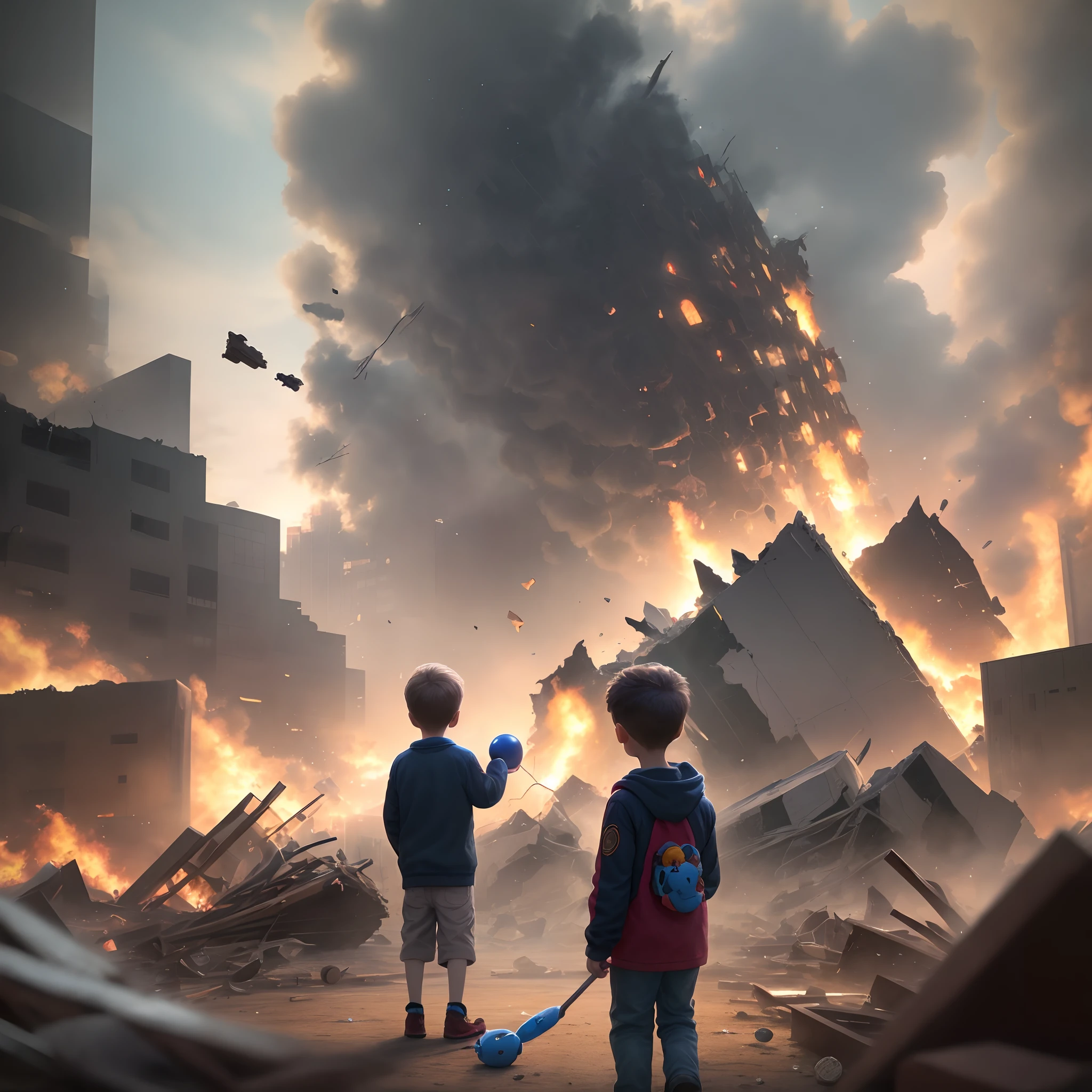 A child holding a toy in his hand in the midst of destruction