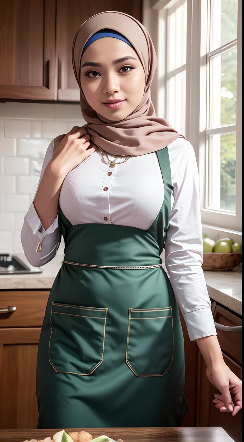 RAW, Best quality, high resolution, masterpiece: 1.3), beautiful Malay woman in hijab (iu:0.8),(Best quality, 8k, masterpiece: 1.3), with perfect figure: 1.2, wearing a pendant, wearing an apron, in the kitchen, highly detailed face and skin, detailed eyes, double eyelids, big breasts