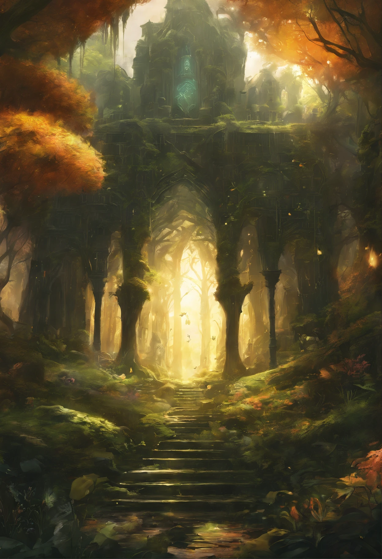 (Enchanted Magical Libray, in the middle of the forest,Large beautiful Library, with huge golden glowing doors, Magical creatures,(glowing mushrooms),sparkling waterfalls,fantasy,Leonora Carrington,a fantasy forest,Hazy perspective,sunlight filtering through the trees,Rich in color,assignment,light and shadow effect,k hd,tmasterpiece,Detailed details,depth of fields