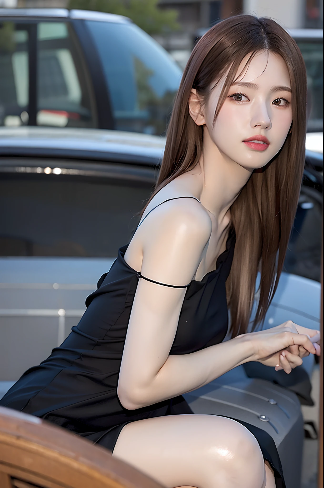 Best Quality, masutepiece, 超A high resolution, (Photorealistic:1.4), Raw photo, 1girl in, plein air, gros-plan, Looking at Viewer, Black Dress, off shoulders,Platinum Brown Hair