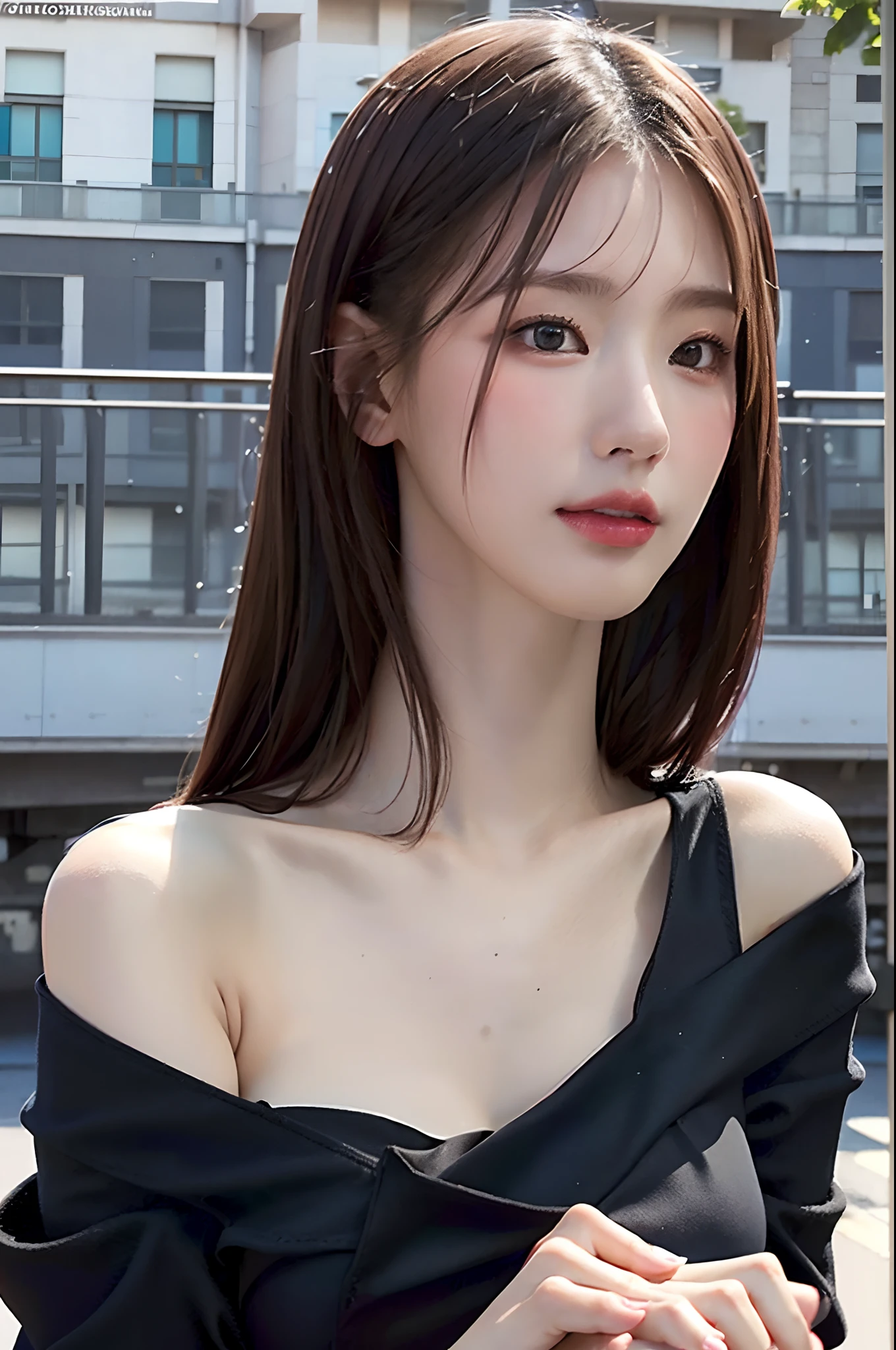 Best Quality, masutepiece, 超A high resolution, (Photorealistic:1.4), Raw photo, 1girl in, plein air, gros-plan, Looking at Viewer, Black Dress, off shoulders,Platinum Brown Hair