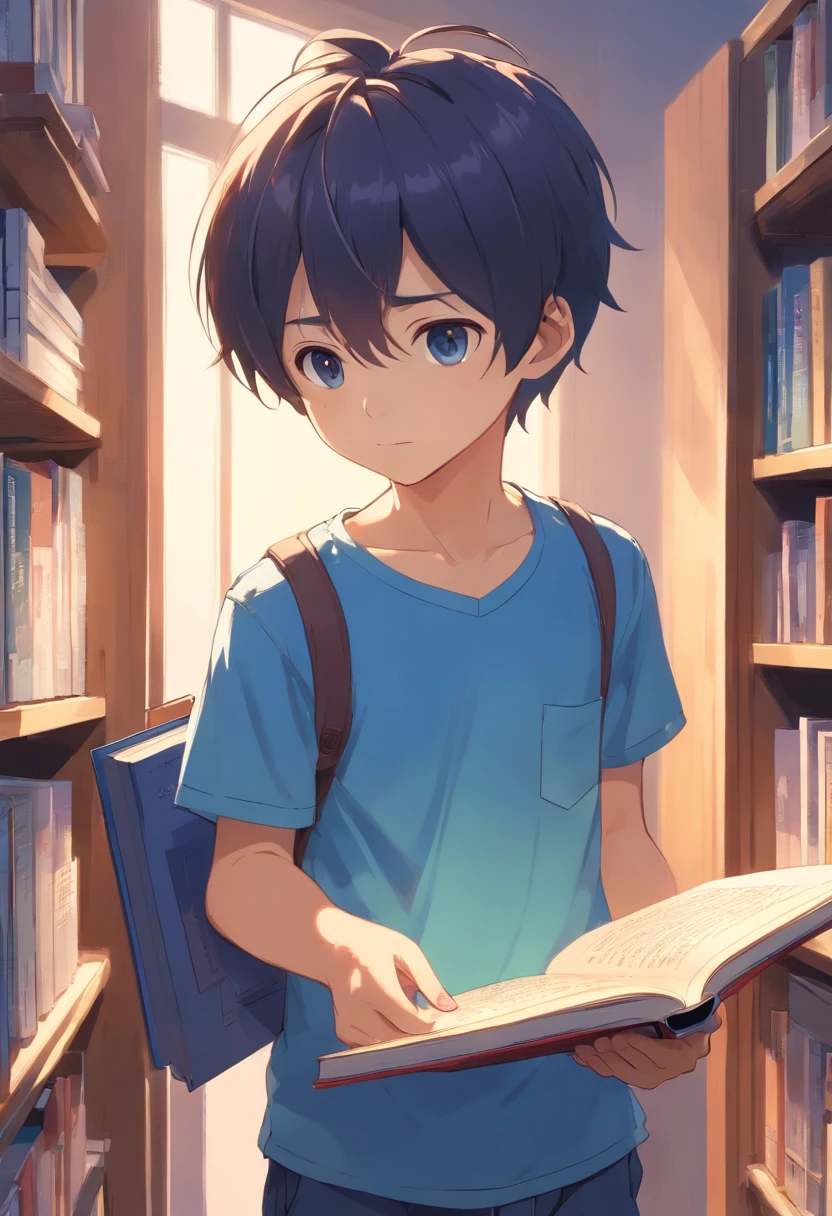 A cute little boy in a short-sleeved blue shirt points to a book and explains