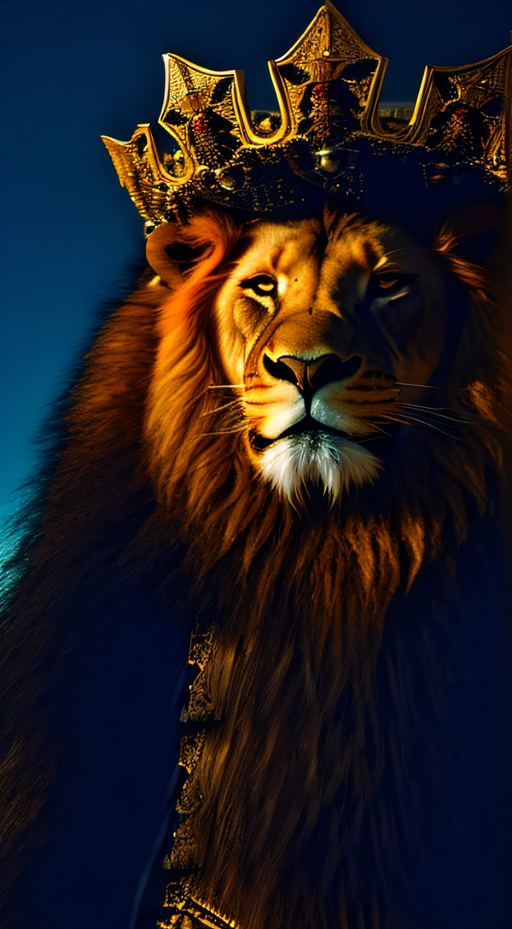 Half body Lion roaring and  wearing king crowns and king dress customs, in very angry mood, kingdom background, brighter background. candid picture, by Max Dauthendey, ((( small crown on head)))