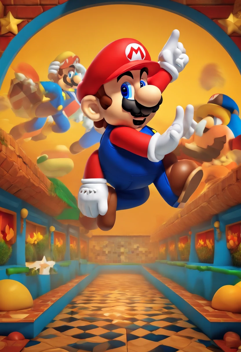 breathtaking, creative, dynamic pose, Eclectic, perfect, full body portrait, portrait, close up of a (mario:1.5) jump, proud, win, vivid Colors, masterpiece, colorful moroccan style background, cans, geometric patterns, the, hassan, and, hjjaj, style, painting, pavel, sokov