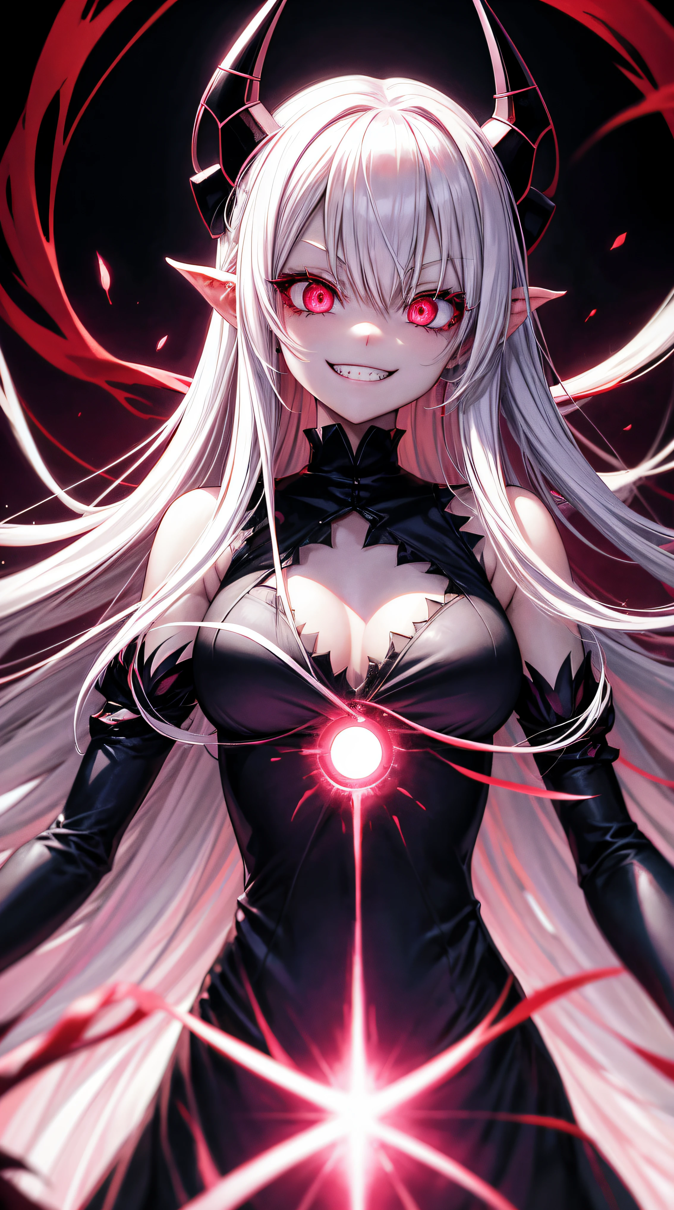 anime girl with pink eyes and long white hair in a dark room, evil smile and glowing eyes, with red glowing eyes, with glowing eyes, with glowing red eyes, [[[[grinning evily]]]], glowing eyes everywhere, malevolent smile, evil grin, evil smile, anime monster girl, demon anime girl, yandere intricate