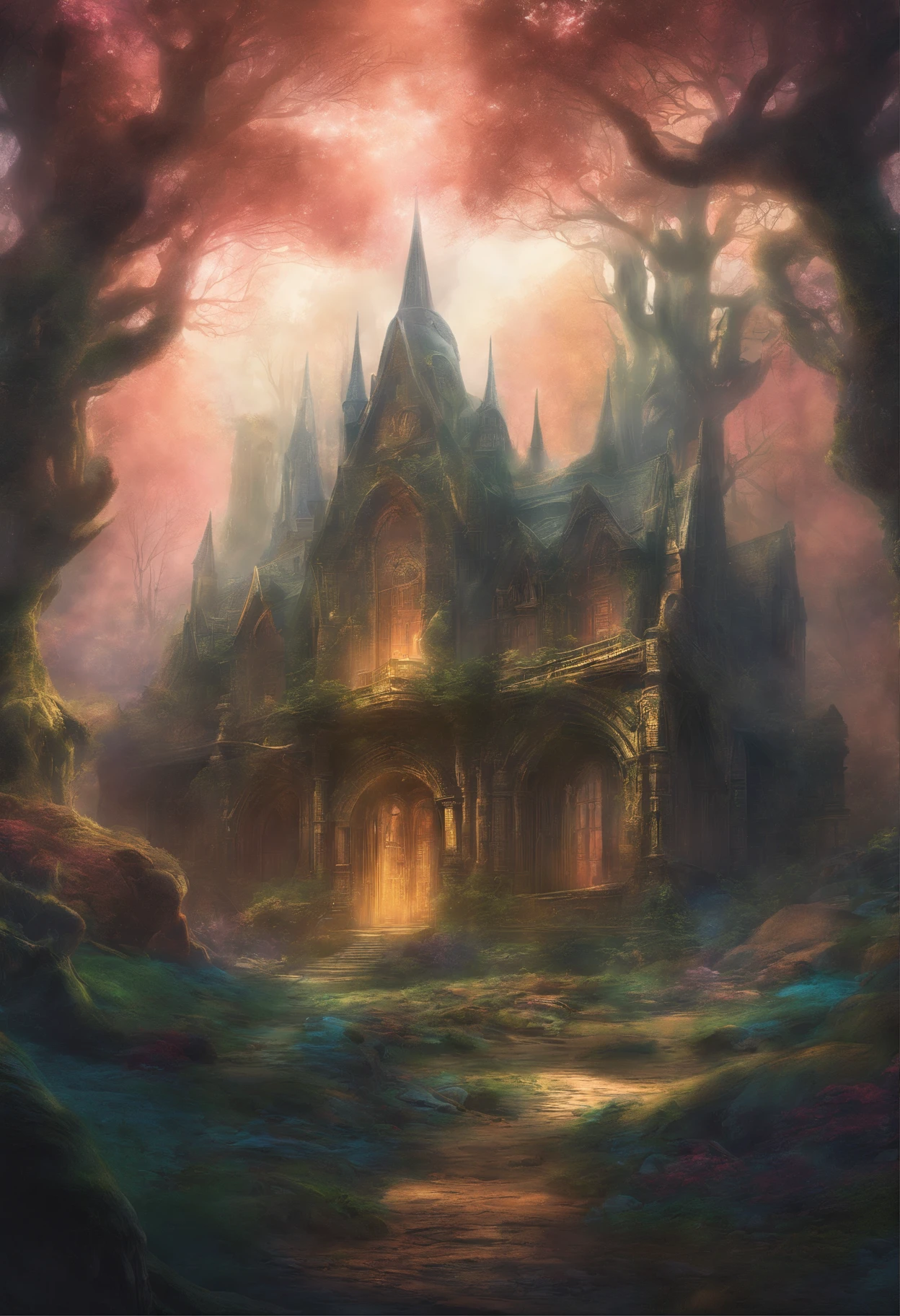 (Enchanted Magical Libray, in the middle of the forest,Large beautiful Library, with huge golden glowing doors, Magical creatures,(glowing mushrooms),sparkling waterfalls,fantasy,Leonora Carrington,a fantasy forest,Hazy perspective,sunlight filtering through the trees,Rich in color,assignment,light and shadow effect,k hd,tmasterpiece,Detailed details,depth of fields