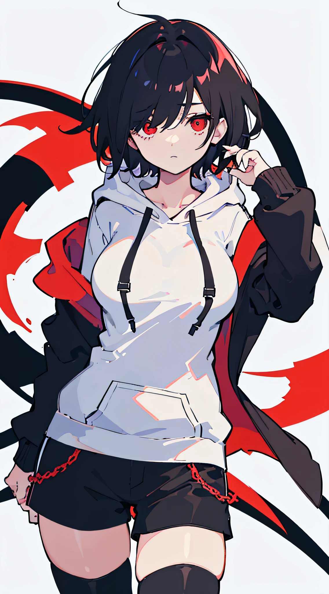 super fine illustration, white background, simple background, 1 girl, black hair,red eyes, short hair,hair over one eye,black hoodie,thighhighs,tachi-e,standing,large breasts,short pants,cowboy shot