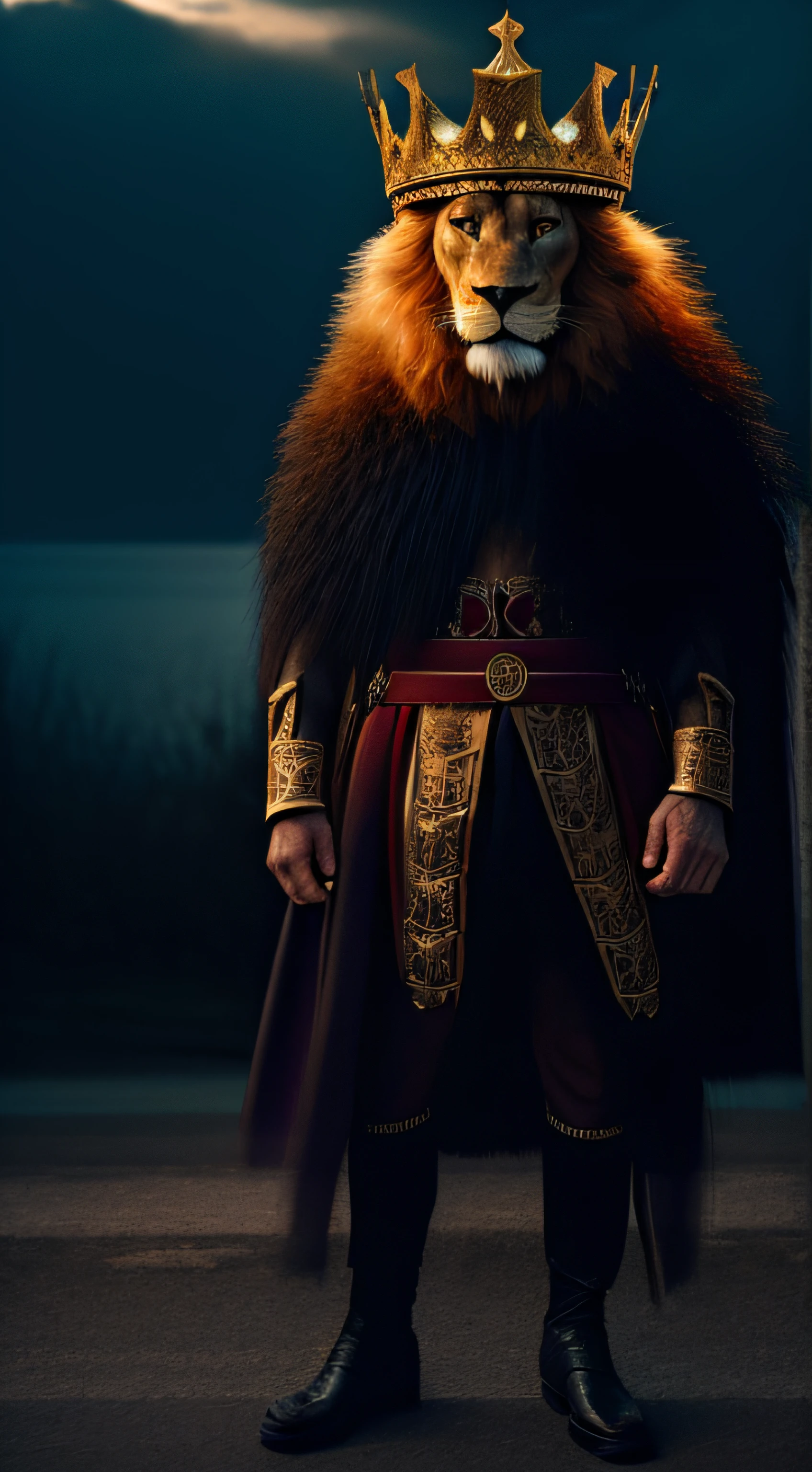 Lion roaring and  wearing king crowns and king dress customs, in very angry mood, kingdom background, brighter background. candid picture, by Max Dauthendey, (((crown on head)))