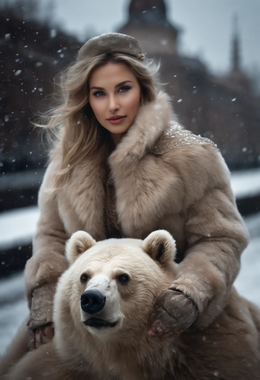 Woman with long blonde hair and short bangs next to a bear, she is in Russia