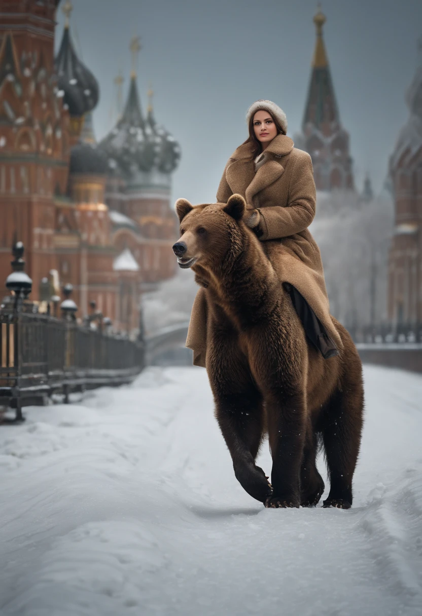 full body, ((Russian winter, bears on the street, a beautiful woman in a fur coat riding a bear, kremlin, snow falls, moscow river, ice, blizzard, old Slavic style,traditional Russian style, russian folklore)), ((glow)) hyper-detail, hyper-realism, clear frame, cinematography, ((correct anatomy)), correct face, detailed face, dark theme action-packed background, (bokeh effect)