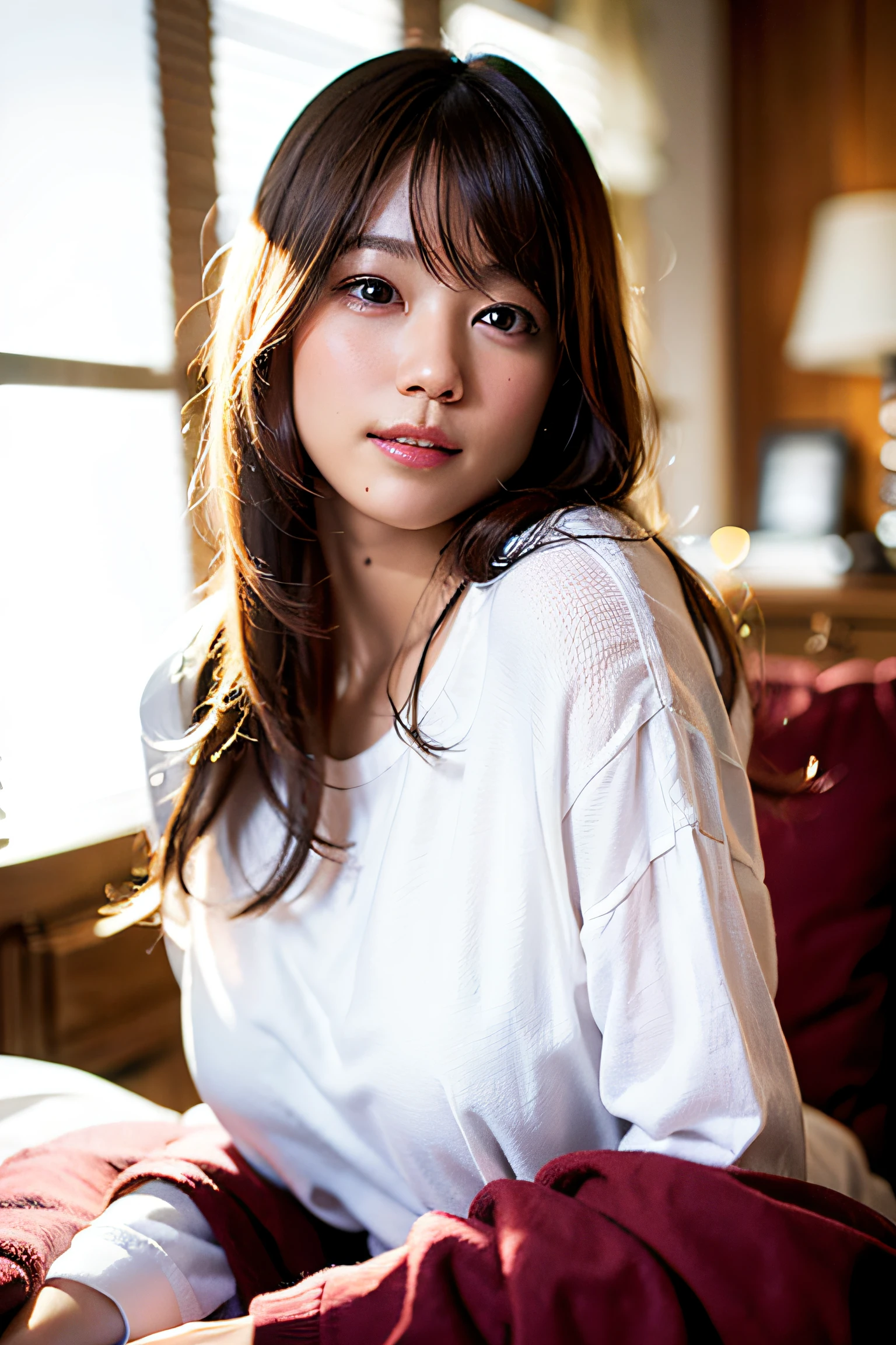 (8k, RAW photo, best quality, masterpiece: 1.2), (realistic: 1.6), (masterpiece), (best quality: 1.0), (highest quality: 1.0), (ultra hi-res: 1.0), detail, 40s, one, detail beautiful skin, detail room, ,realistic skin, middle breast, best quality, ultra high definition, cute, long hair, smile, , white shirt, , sitting on bed,