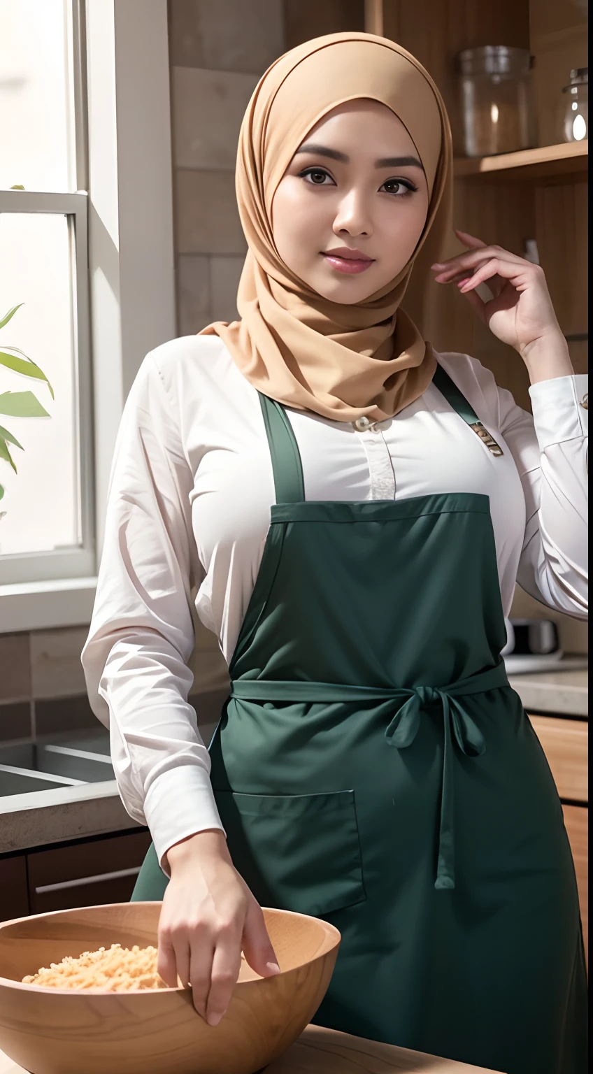 RAW, Best quality, high resolution, masterpiece: 1.3), beautiful Malay woman in hijab (iu:0.8),(Best quality, 8k, masterpiece: 1.3), with perfect figure: 1.2, wearing a pendant, wearing an apron, in the kitchen, highly detailed face and skin, detailed eyes, double eyelids, big breasts