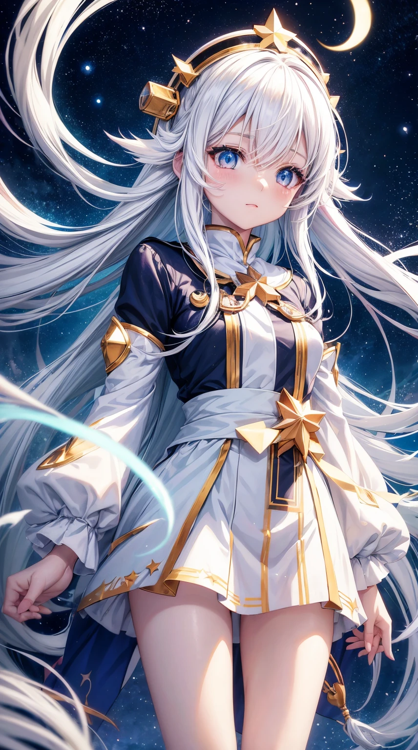 anime girl with long white hair and a star in her hair, white haired deity, anime girl with cosmic hair, star(sky) starry_sky, anime visual of a cute girl, splash art anime loli, white glowing aura, girl with white hair, ethereal anime, akasuki voidstar, celestial aura, nightcore, anime moe artstyle