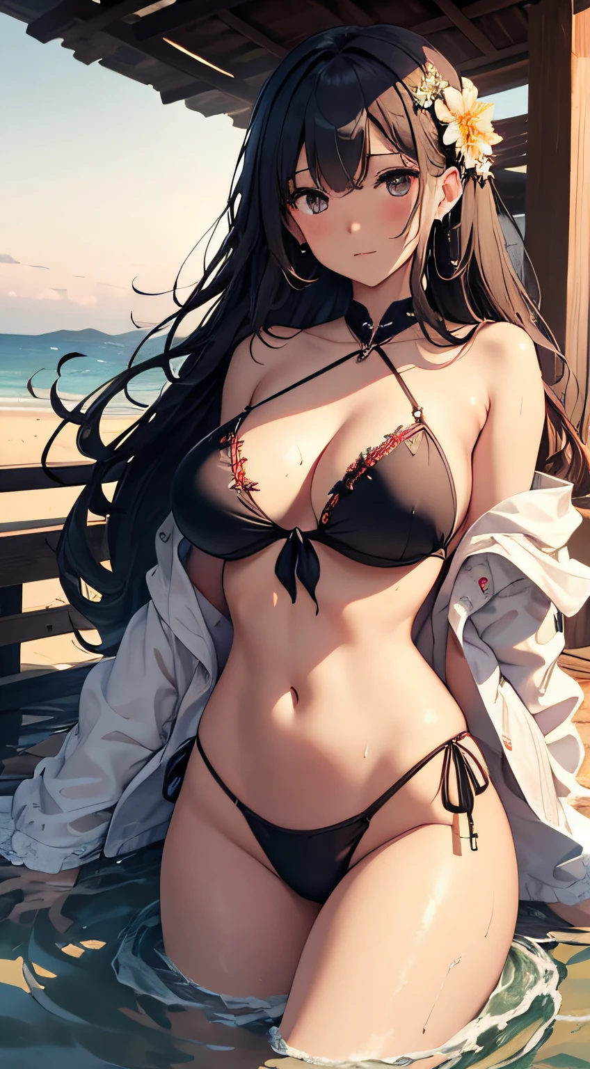 masterpiece、Massive landscape((the setting sun、Meteor swarm、Vast sandy beaches、Mysterious Sea))、About 20 years old、a beauty girl、huge tit、Bau de Bikini、Delicate embroidery、Tie your hair together and pin flowers、Farbe々Pose、Wet hair、Body is wet、perspiring、lying back、Looking at the ceiling