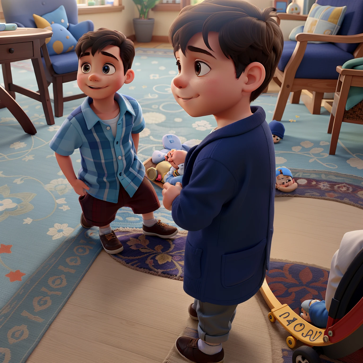A boy and a baby boy playing on a carpet on a sunny day