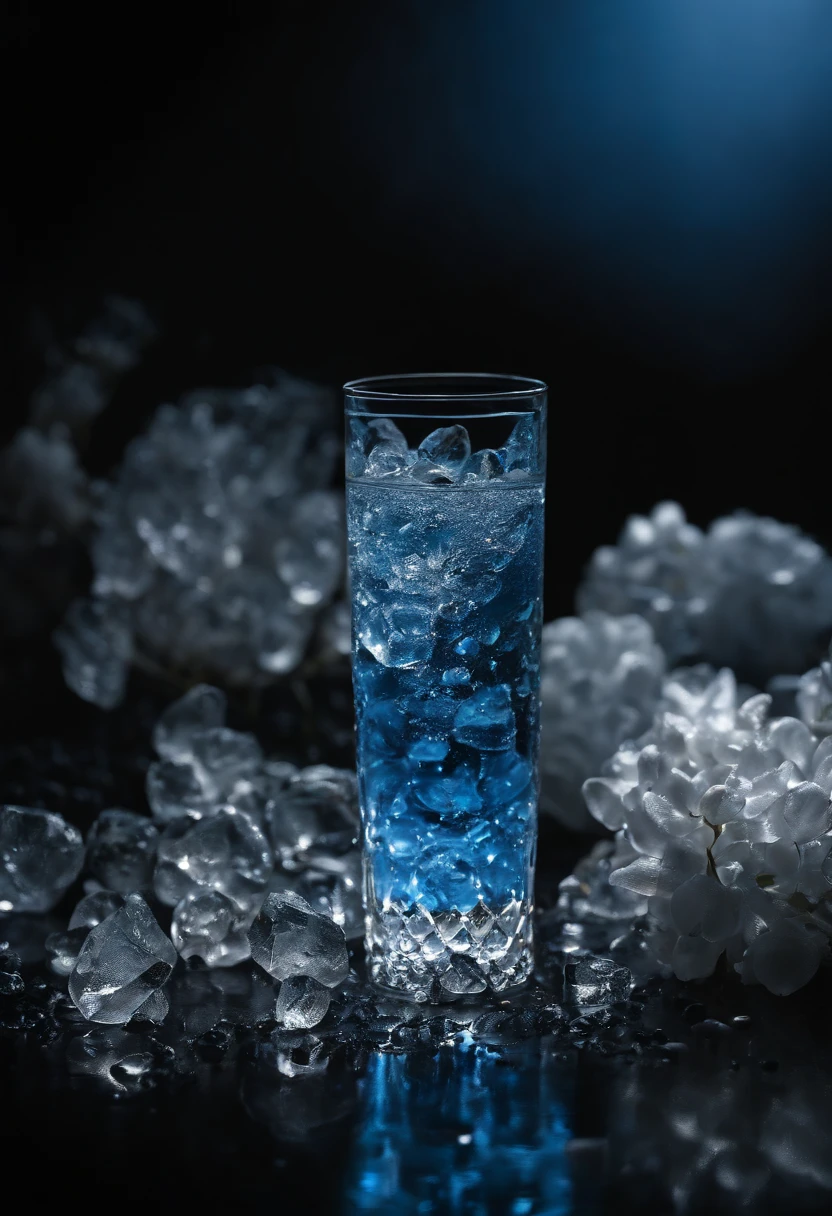 ambr1,extremely detailed high contrast, (very tall:1.7) glass of water with tidal waves and crystals, extreme closeup, deep blue tiny lights, solid black background,