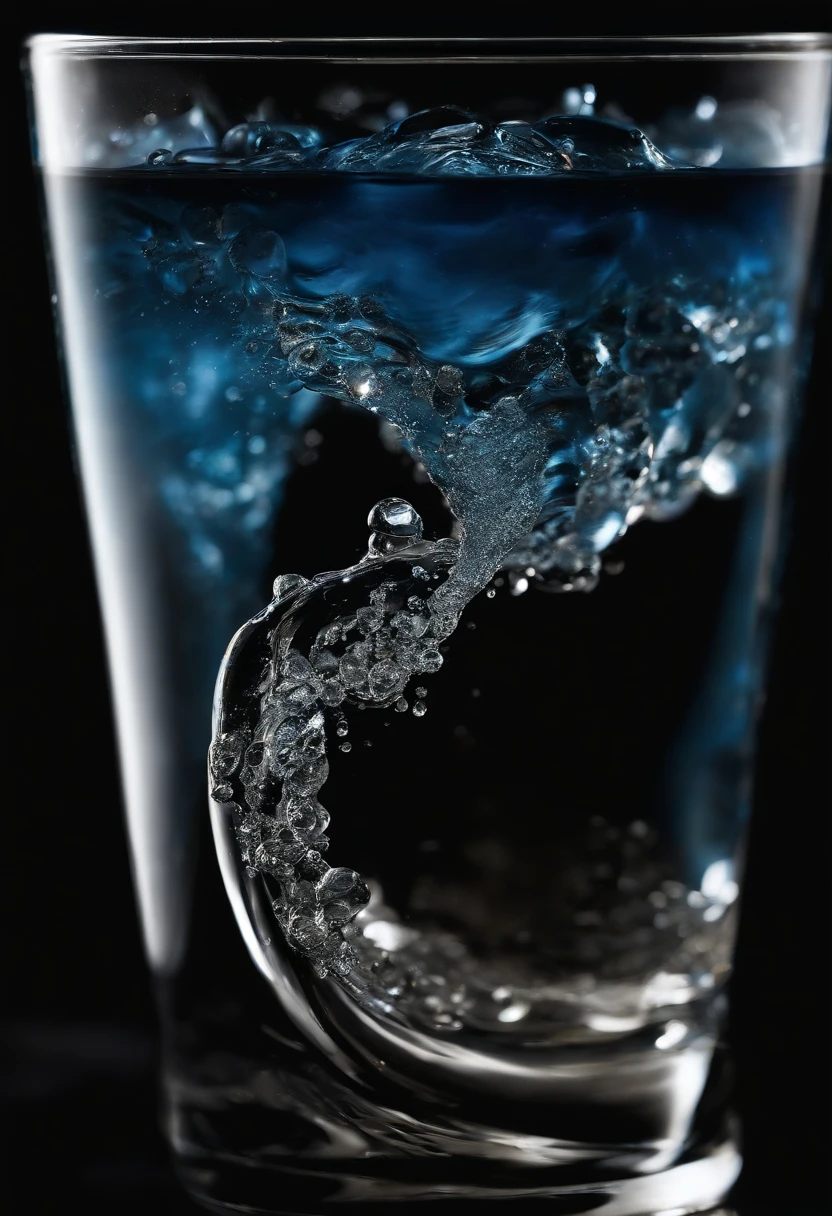 ambr1,extremely detailed high contrast, (very tall:1.7) glass of water with tidal waves and crystals, extreme closeup, deep blue tiny lights, solid black background,