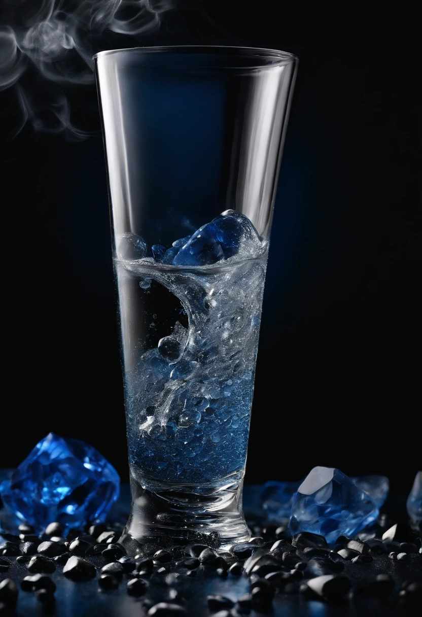 ambr1,extremely detailed high contrast, (very tall:1.7) glass of water with tidal waves and crystals, extreme closeup, deep blue tiny lights, solid black background,