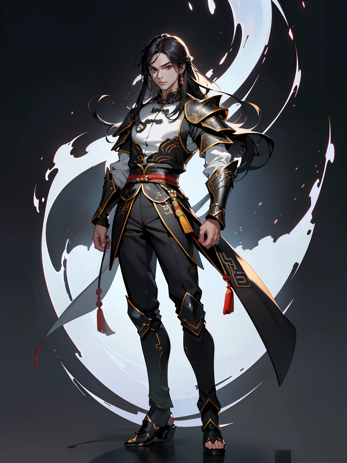 (High resolution, Pixels are perfect, luxurious illustration), (hyper quality, masutepiece, Ethereal: 1.4),(Solo:1.4), ((((Full body)))),((((Medium Long Shot)))), ((ambiguous gender)), 年轻, length hair, Detailed black hair, Black eyes, (((chinese armor))), (greybackground),