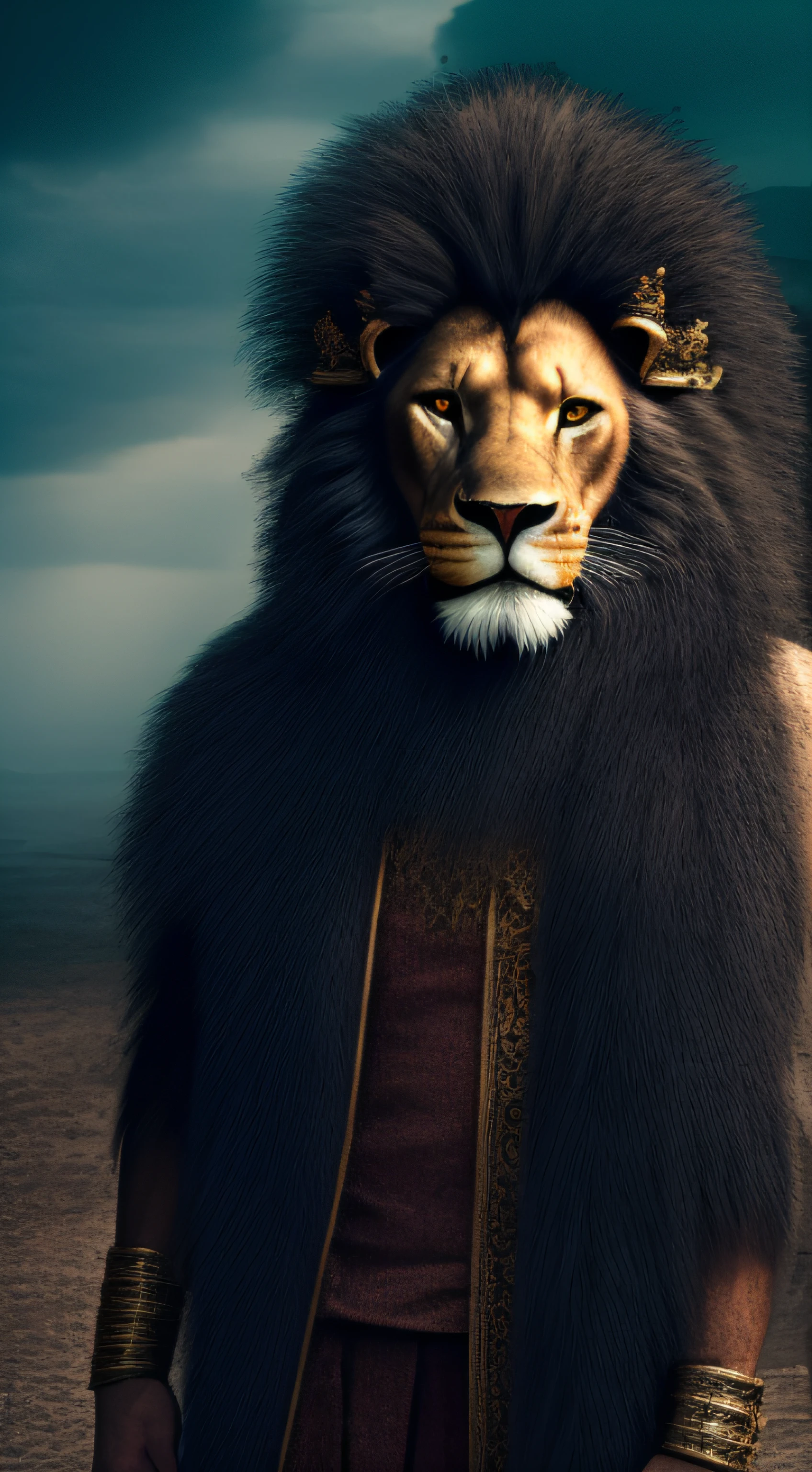 Half body Lion roaring and wearing king crowns and king dress customs, in very angry mood, kingdom background, scary background. candid picture, by Max Dauthendey