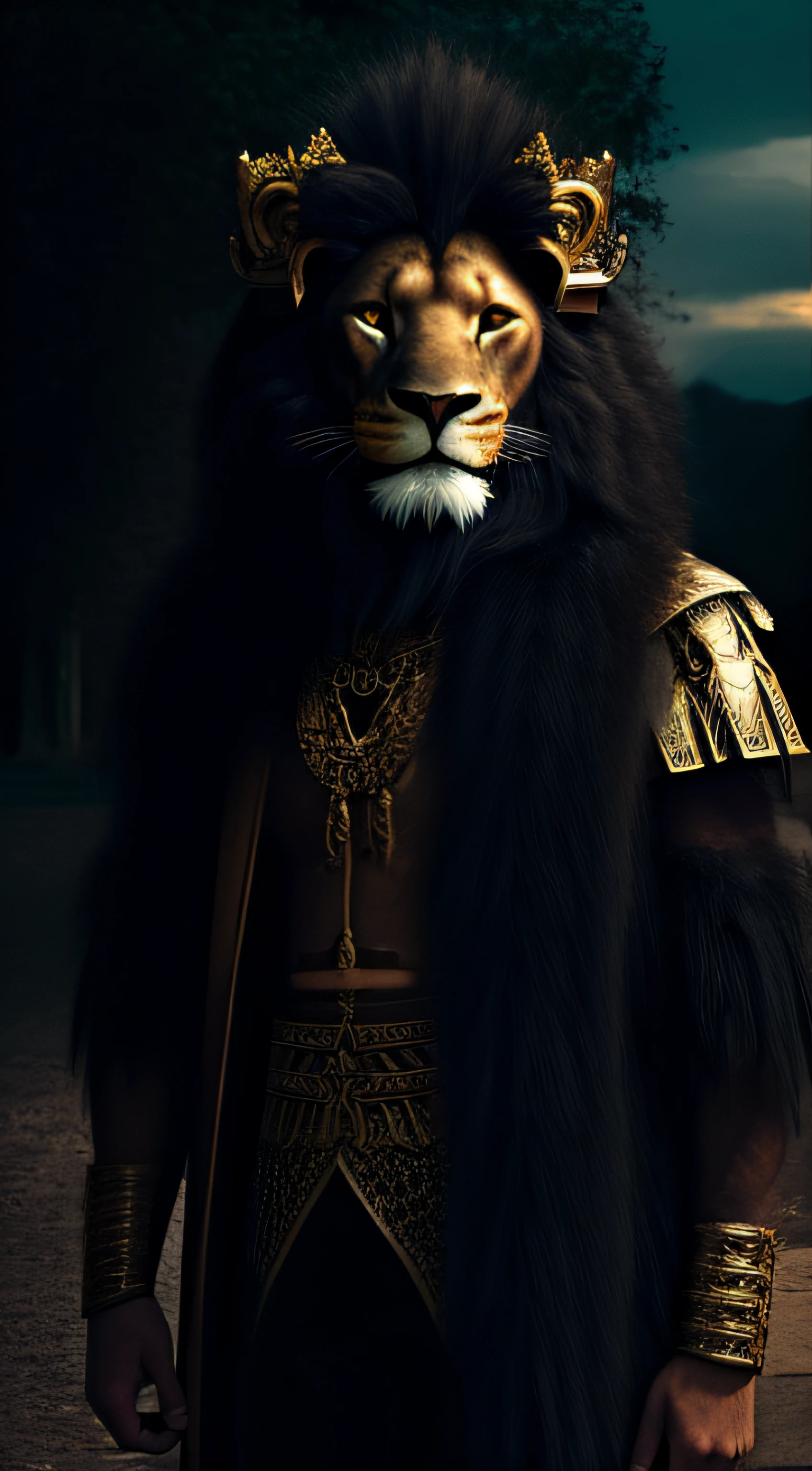 Half body Lion roaring and wearing king crowns and king dress customs, in very angry mood, kingdom background, scary background. candid picture, by Max Dauthendey