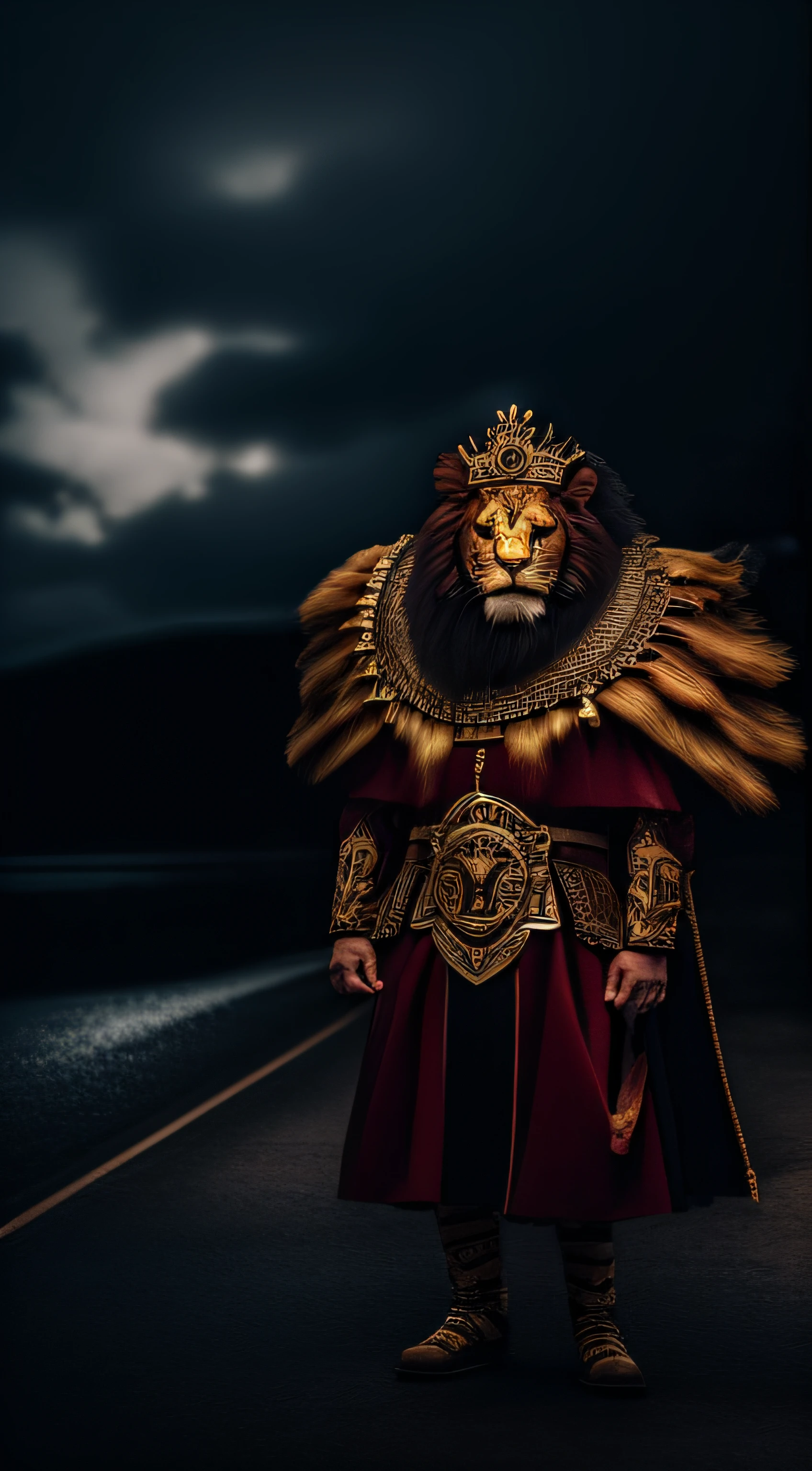 Lion roaring and  wearing king crowns and king dress customs, in very angry mood, kingdom background, scary background. candid picture, by Max Dauthendey