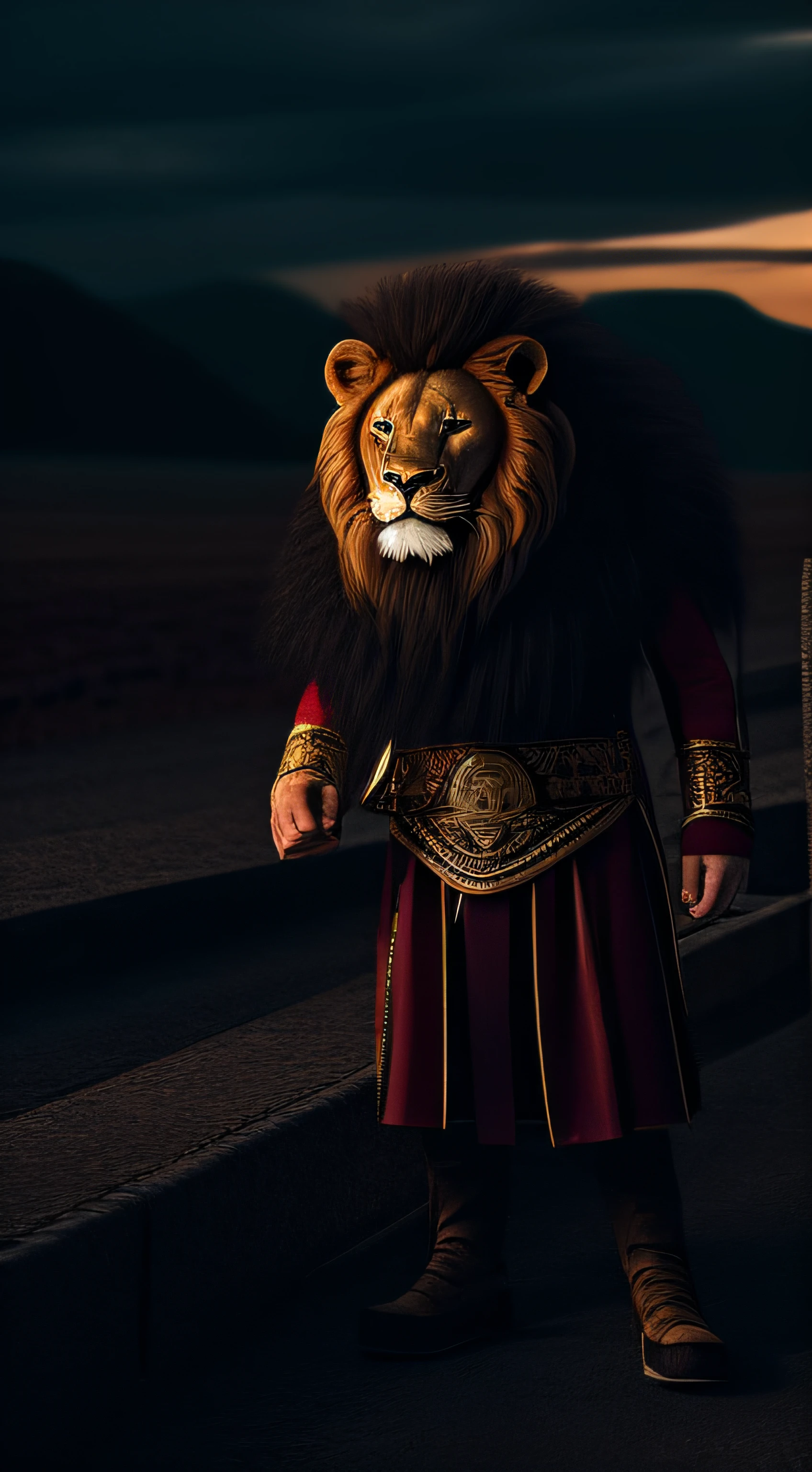 Lion roaring and wearing king crowns and king dress customs, in very angry mood, kingdom background, scary background. candid picture, by Max Dauthendey