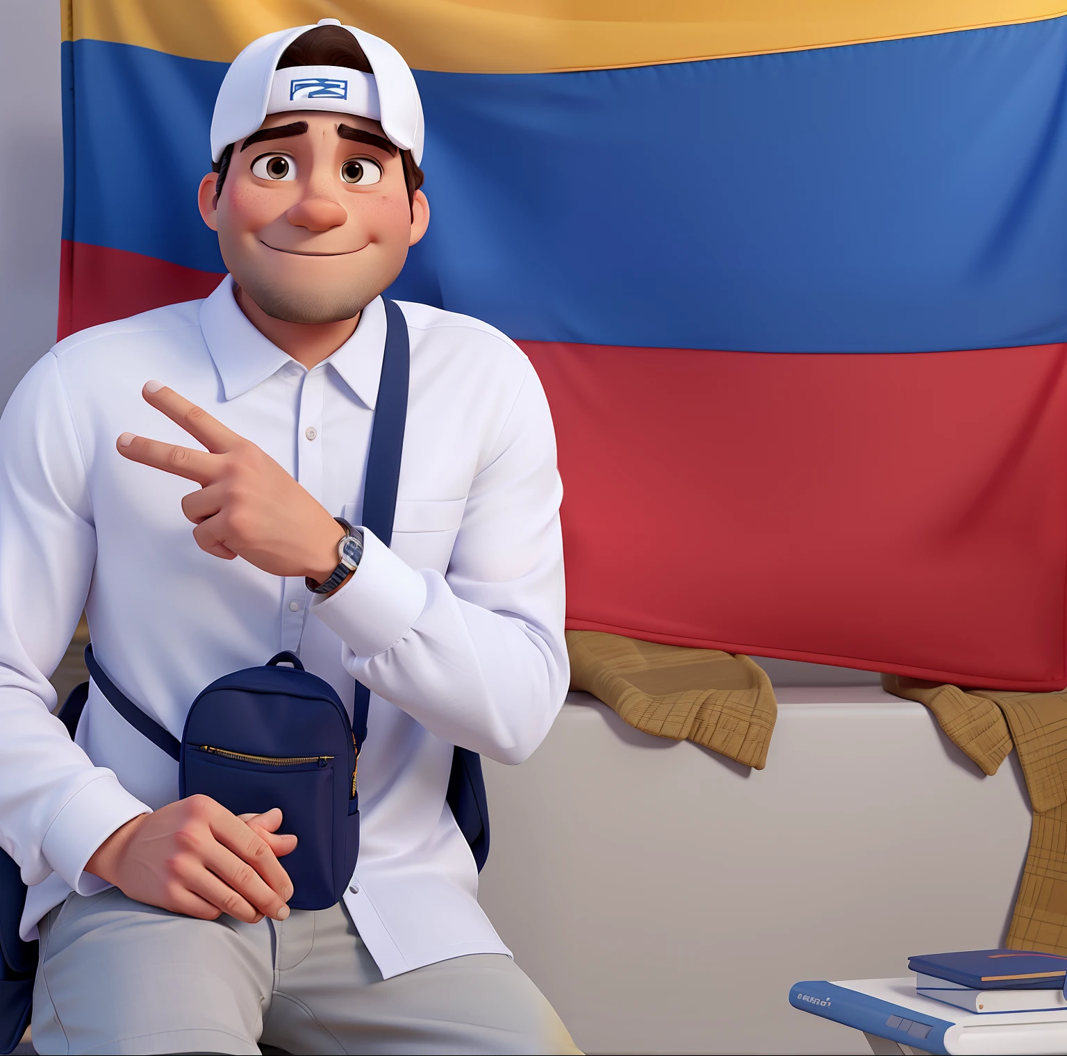 Create a Disney Pixar-style image of a man wearing a white shirt and white hat, sitting in front of a flag. He's making a peace sign with his hand, giving off a relaxed and friendly vibe. The man also carries a backpack, which is placed on the floor next to him. The scene appears casual and informal, with the man enjoying time in the presence of the flag.