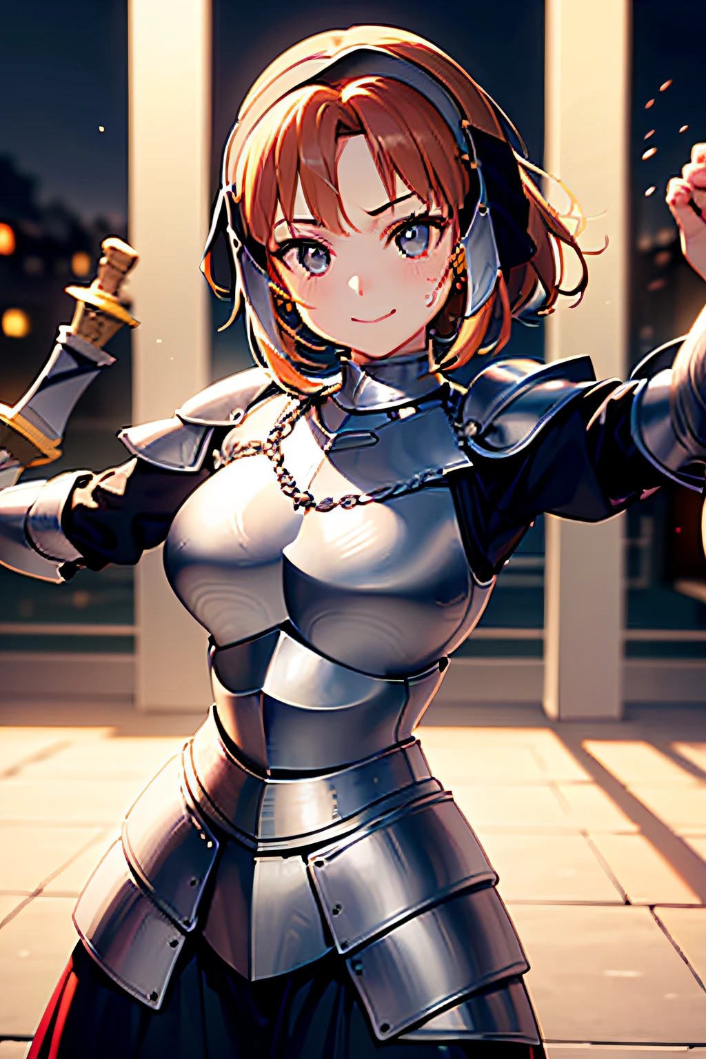 (((Armor and sword of Joan of Arc:1.7))),(((Ancient Western Landscapes:1,7))),(((Armed girl in ancient western style:1.7))),(((Enhance movement with motion blur effects:1.7))),(beautiful a girl),(((Night lighting:1.3))),pleatedskirt,breast slip,Blushing cheeks、shyly smile,bbw,(Short hair with shiny gold and silver inner color,Floral hair ornament,Floral braided top knot,Twisted Side Part Ponytail,Floral braided headband,half up、Floral Braided Space Van,Voluminous Fishtail Braids,Twisted chignon,),(Bangs are see-through bangs),(((emphasizing breasts:1.3))),(Dynamic angles),(Dynamic and sexy poses),(bending forward:1.3),(((Dignified statue))),(((hair pin,a necklace,piercings))),Colossal tits,Blush with embarrassment,Enraptured eyes,A smile that beguiles the viewer,skin glistening with sweat,gazing at viewer,Disturbance of clothing due to movement,pointed red mouth,Perfect round face,,Proper body proportion,Intricate details,Very delicate and beautiful hair,photos realistic,Dreamy,Professional Movie Lighting,realistic shadow,Solo Focus,Beautiful hands,Beautiful fingers,Detailed finger features,detailed clothes features,Detailed hair features,detailed facial features,(masutepiece,top-quality,Ultra-high resolution output image,) ,(The 8k quality,),(Sea Art 2 Mode.1),(Image Mode Ultra HD,)
