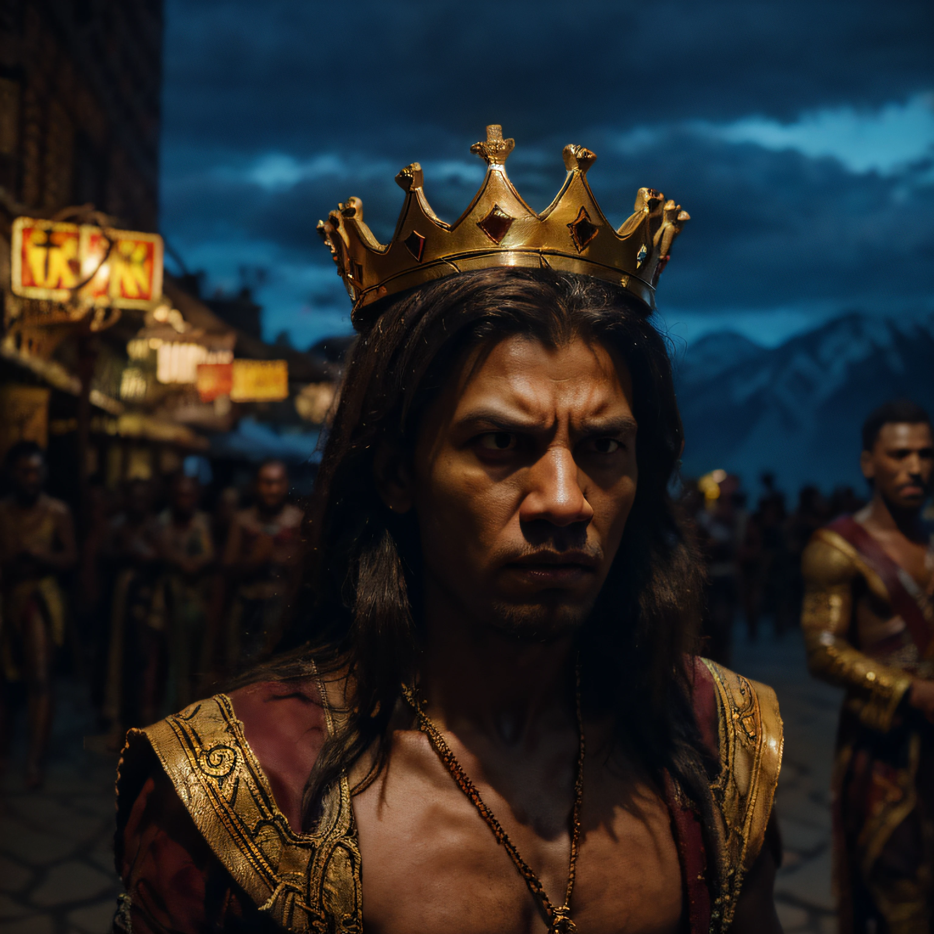 Lion king, wearing king crowns and customs, in very angry mood, kingdom background, scary background. candid picture, by Max Dauthendey,
