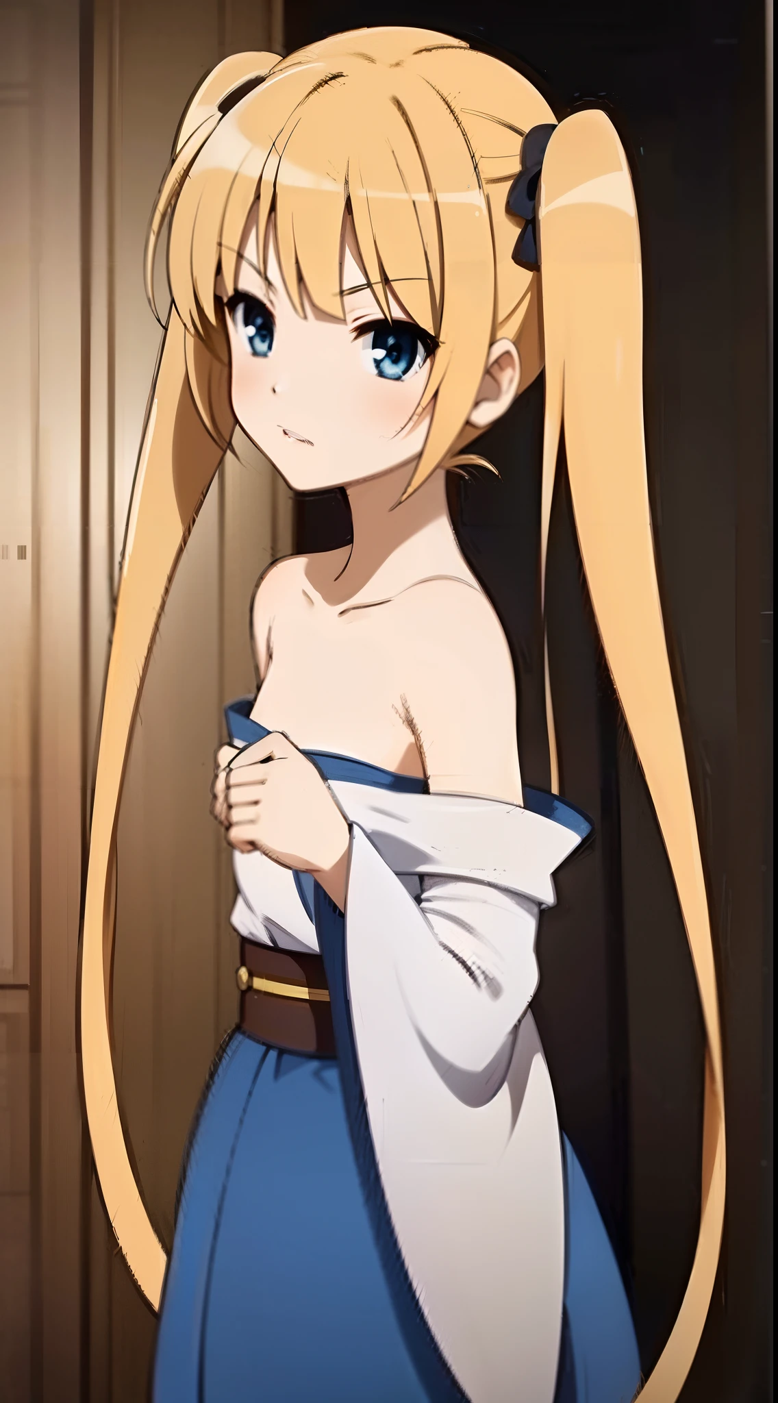 solo,Bright blonde hair,((Thin and long twin tails located high)),blunt bangs,hairs between eyes,Beautiful blue eyes,Thin eyebrows,de pele branca,Smaller chest,robe blanche,Beautiful style