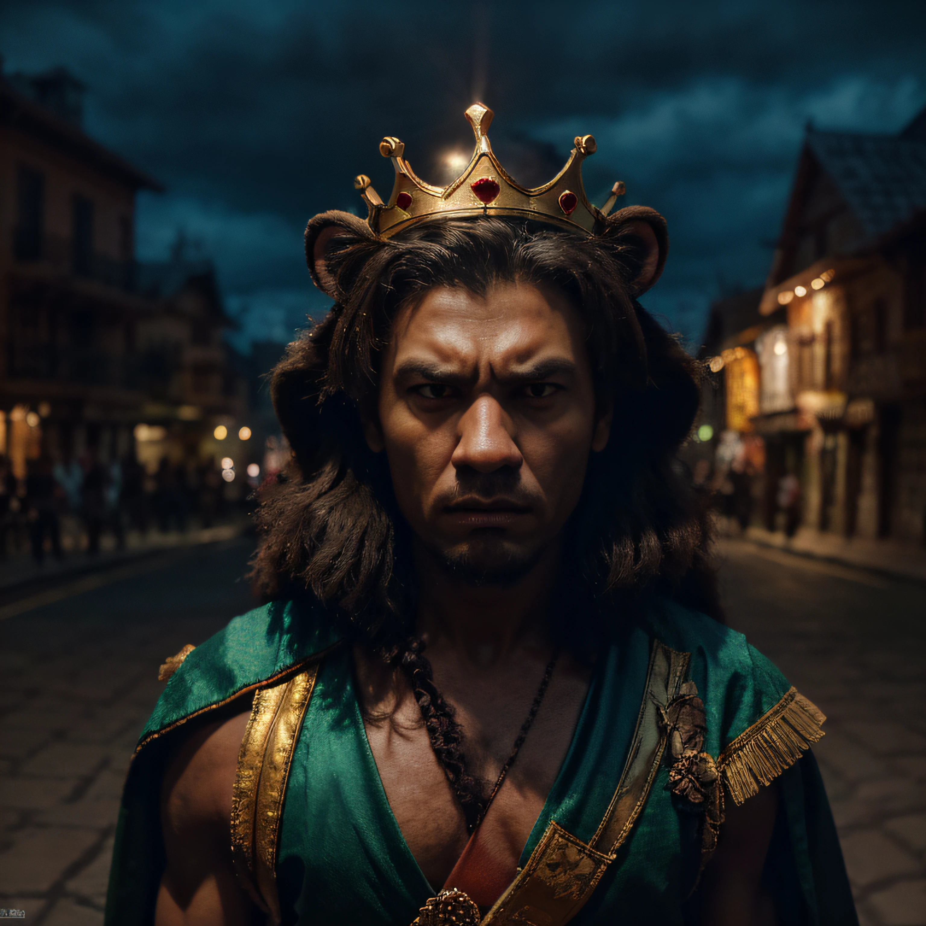 Andromorpic Lion king, wearing king crowns and customs, in very angry mood, kingdom background, scary background. candid picture, by Max Dauthendey,