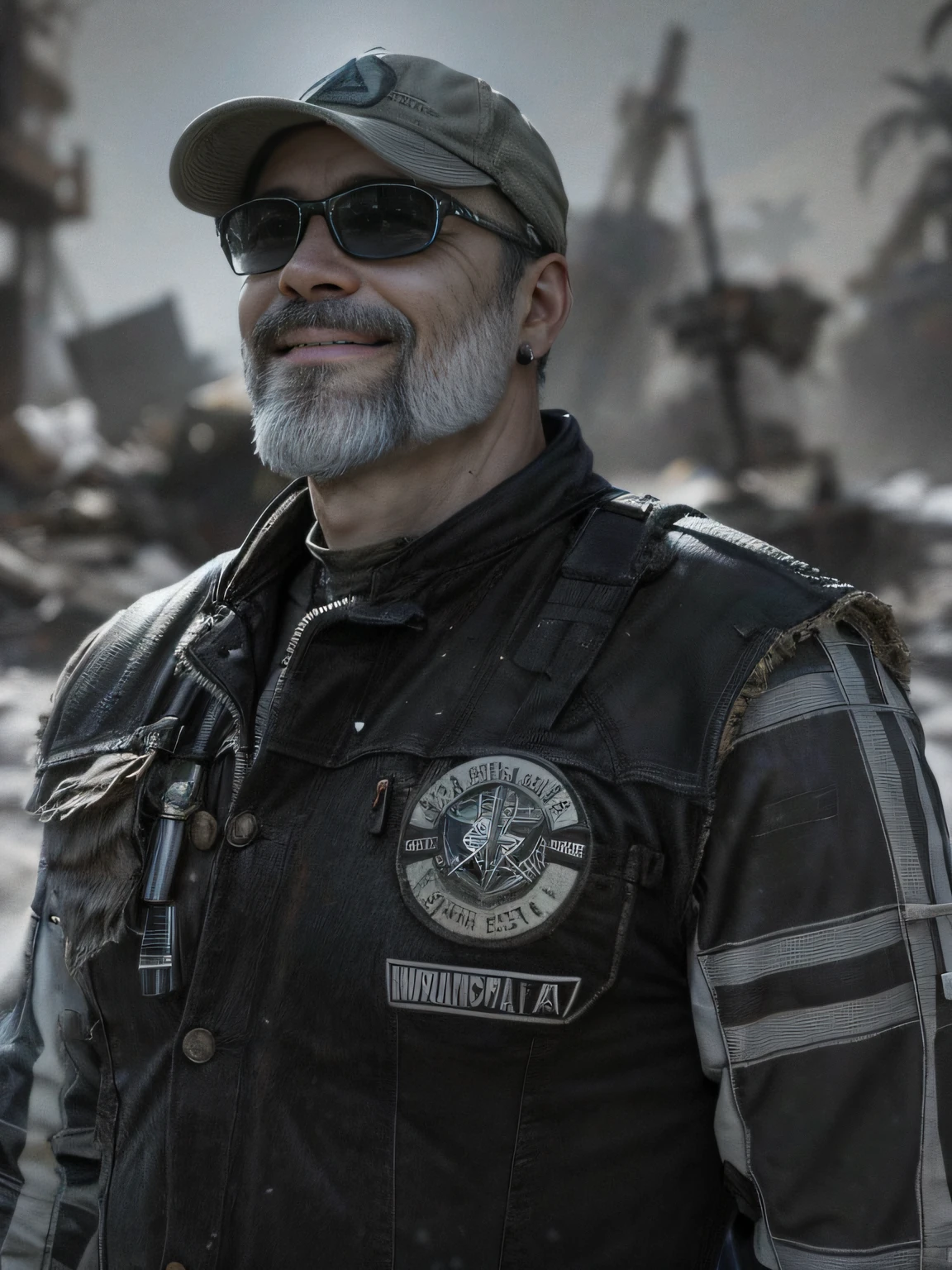 A Wasteland Punk is in the middle of the Wasteland (((retrato de um, um closeup de um, sorridente))), Engulfed by dust turbulence. The camera zooms in on a man, captando a intensidade em seus olhos, quando olha ao longe. Os detalhes de suas roupas desgastadas e armaduras improvisadas ficam mais claros a cada zoom, Colcha de retalhos feita de materiais, costurados juntos. Quando o zoom atinge seu pico, the focus shifts to your hands, who have discarded weapons in their hands, Demonstration of the character's resourcefulness and survival skills. The tooltip is implemented in the style of the 3D sculpture, Using a combination of modeling and texturing techniques to bring the character and environment to life.