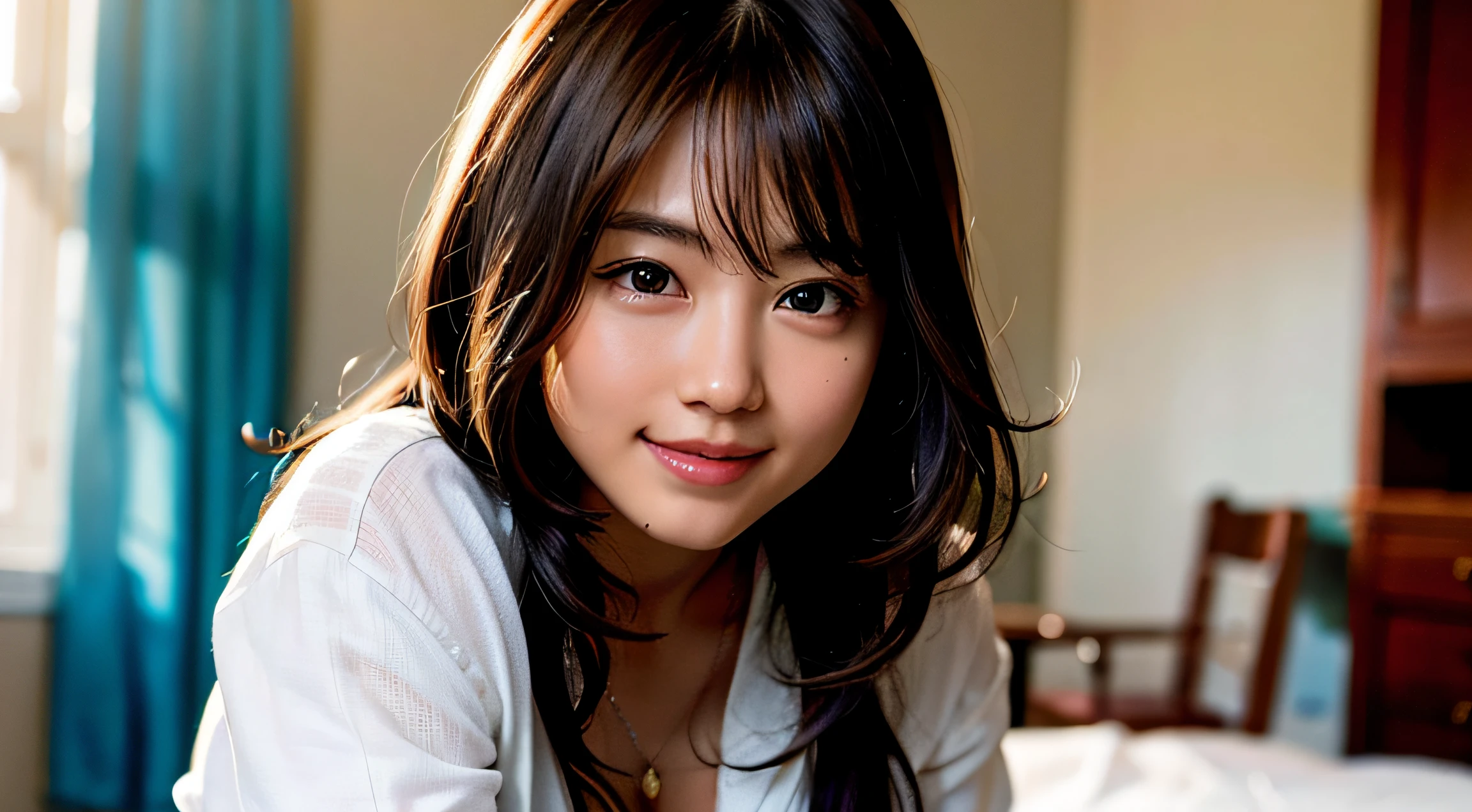 (8k, RAW photo, best quality, masterpiece: 1.2), (realistic: 1.6), (masterpiece), (best quality: 1.0), (highest quality: 1.0), (ultra hi-res: 1.0), detail, 40s, one, detail beautiful skin, detail room, ,realistic skin, middle breast, best quality, ultra high definition, cute, long hair, smile, , white shirt, , sitting on bed,