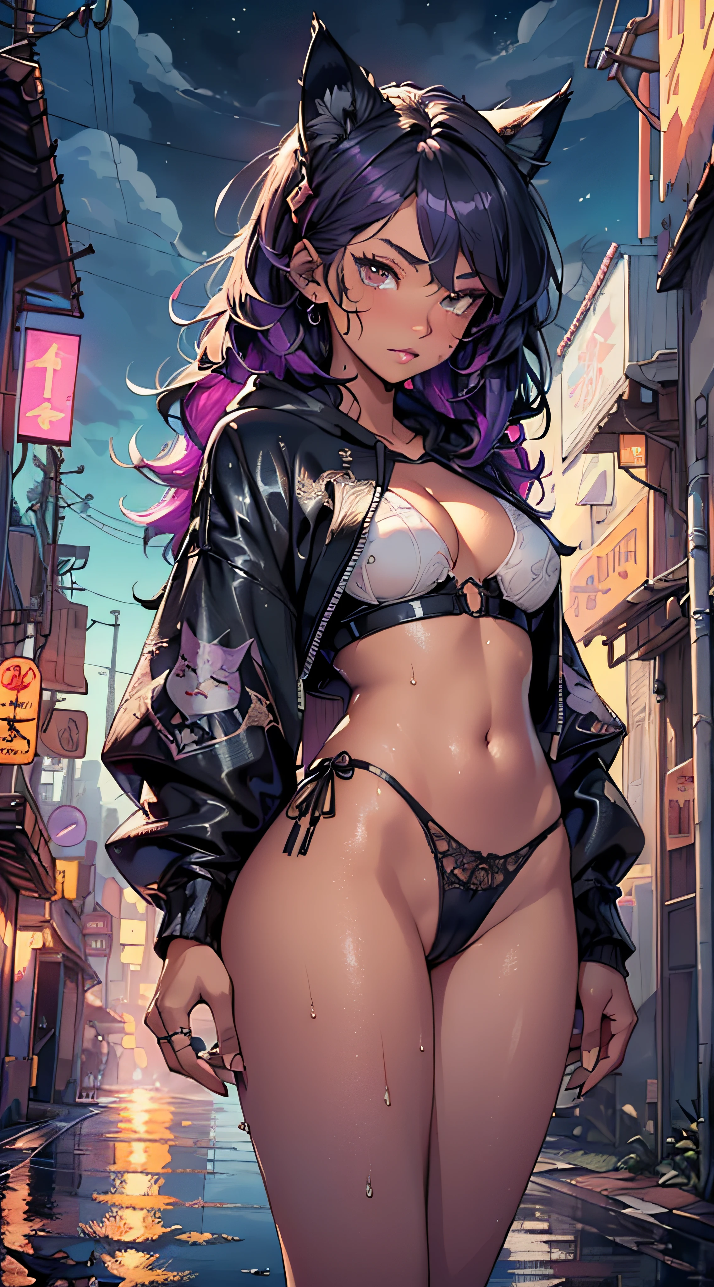 girl spacepunk,(((1girl))),((beautiful girl with cute cat ears)),
(small breasts, small boobs, small tits:1.4),perky breasts,((purple hair, purple messy hair ,colored inner hair,long hair:1.5,absurdly long unkempt hair:1.35,long black hair, ear breathing,intricate cut hair)),((((cat ears,cat ears on head,big cat ears)))),(((white_eyes:1.3))),intricate eyes,beautiful detailed eyes,symmetrical eyes,((fat)),((((tan,dark skin,black skin:1.35,dark-skinned_female,dark skin:1.3,ebony skin,lustrous skin:1.5,bright skin: ,shiny skin,very shiny skin,shiny body,plastic glitter skin,exaggerated shiny skin,illuminated skin,wet legs))),(spider lower abdomen,narrow waist,wide hip,athletic body,inflated legs,detailed body,(detailed face)),
cute,slutty,seductive,erotic,(((nsfw))),
zettai ryouiki,revealing clothing,show skin,((((underboob)))),((cleavage)),(semi-naked,with little clothing,((tiny thong, armor thong intricate)),large sport socks,visible thong straps,no bra),((((crop top hoodie,cropped hoodie,hoodie,hoodie intricate)))),(((wet clothes,intricate outfit,intricate clothes))),
(dynamic pose:1.0),solo focus,embarrassed,(centered,scale to fit dimensions,Rule of thirds), pose focus on butt, focus on waist
cyberpunk city by the ocean at night, with bright neon signs and dark stormy clouds and puddles, scenery:1.25,nighttime, starry night, cosmos,
artistic photography,(photography taken by sldr),highres, sharp focus, (ultra detailed, extremely detailed), (photorealistic artwork:1.37),(extremely detailed CG unity 8k wallpaper),((synthwave background theme)),(((vibrant colors))),(intricate background),(masterpiece),(best quality),