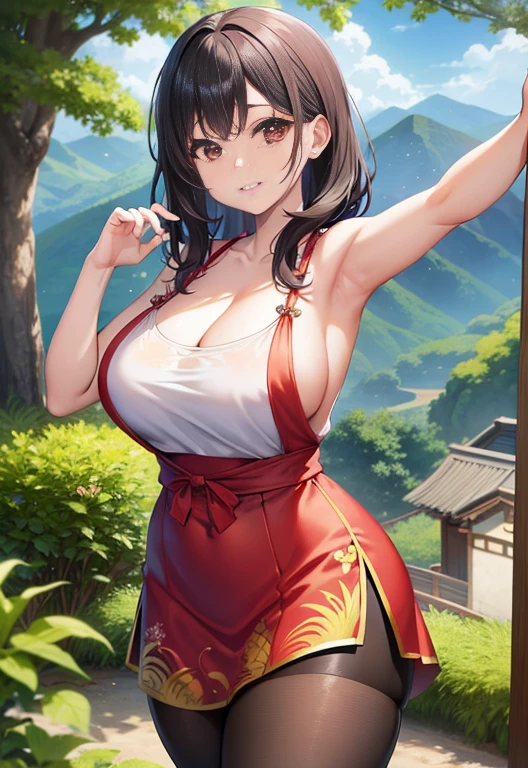 yazawa nico,Red eyes, Chinese dress,Red face,Blunt hair,Curvy body, on ground, Defeated , Bare with thighs,Fat Chubby,Smile,Black hair、Leaky shoulders、The chest is large、Pale pink lips、Mountain spring water, Dynamic pose, cleavage, Solo, Open clothes,In the foreground of graphic art、Kauai has women performing traditional dances。She wore floral ornaments and a straw robe.Her expression was bright and happy.、The dance movements are also elegant and elegant。She dances,It's like celebrating Kauai's nature and culture。 Graphic art background、You can see the Wyallaire Hills。The area near the summit is covered by thick clouds.、It has an air of mystery。Lush vegetation and waterfalls can be seen on the mountainside。Pure、There are rainbows in the sky.、Other names for Kauai「Garden Island」It expresses abundant nature。Black suspender leggings