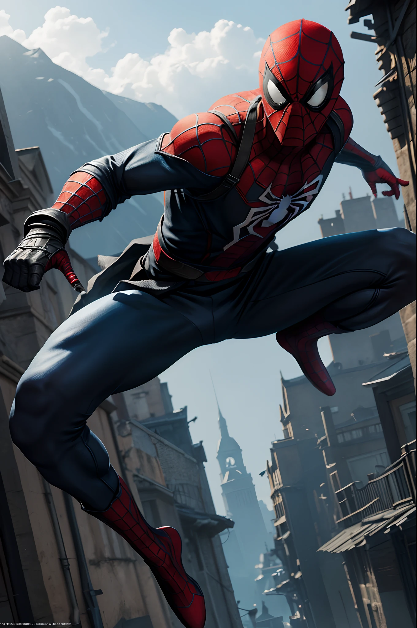 a ninja spider-man, with clothes the looks like assassin's from assassin's creed game franchising, an epic background, lots of details