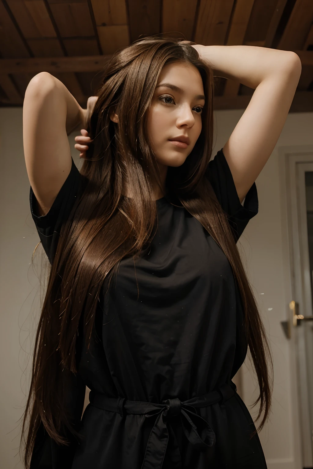 A women with hair long thick hair that touches the floor