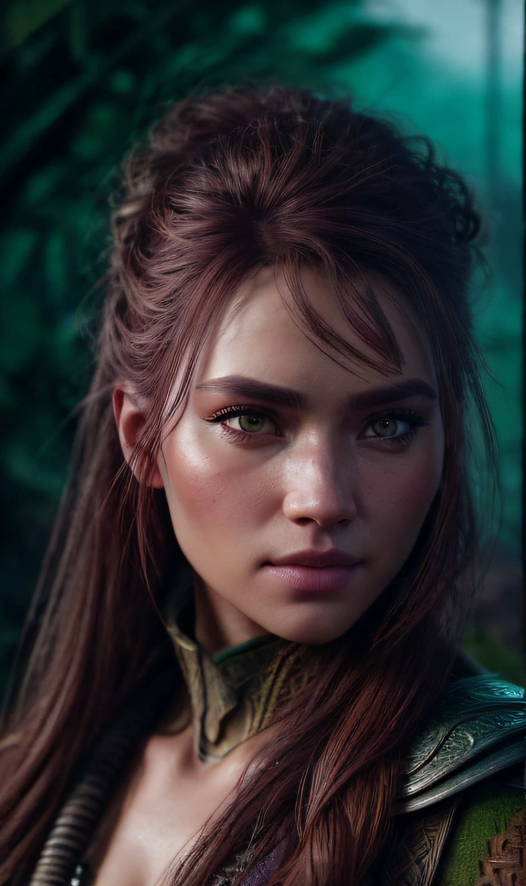 ultra realistic photography, perfectly centered medium upper shot of Aloy from horizon zero dawn, creatures from horizon zero dawn jungle cliffs in the background, looking at viewer, fashion pose, extremely detailed eyes, detailed symmetric realistic face, extremely detailed natural texture, detailed peach fuzz, messy hair, masterpiece, absurdres, award winning photo by lee jeffries, nikon d850 film stock photograph, kodak portra 400 camera f1.6 lens, depth of field, extremely detailed, amazing, fine detail, rich colors, hyper realistic lifelike texture, dramatic lighting, unrealengine, trending on artstation, cinestill 800 tungsten, photo realistic, RAW photo, TanvirTamim, high quality, highres, sharp focus, extremely detailed, cinematic lighting, 8k uhd, high definition, cinematic, neoprene, behance contest winner, featured on unsplash, cgsociety, unreal engine 5, ultra sharp focus