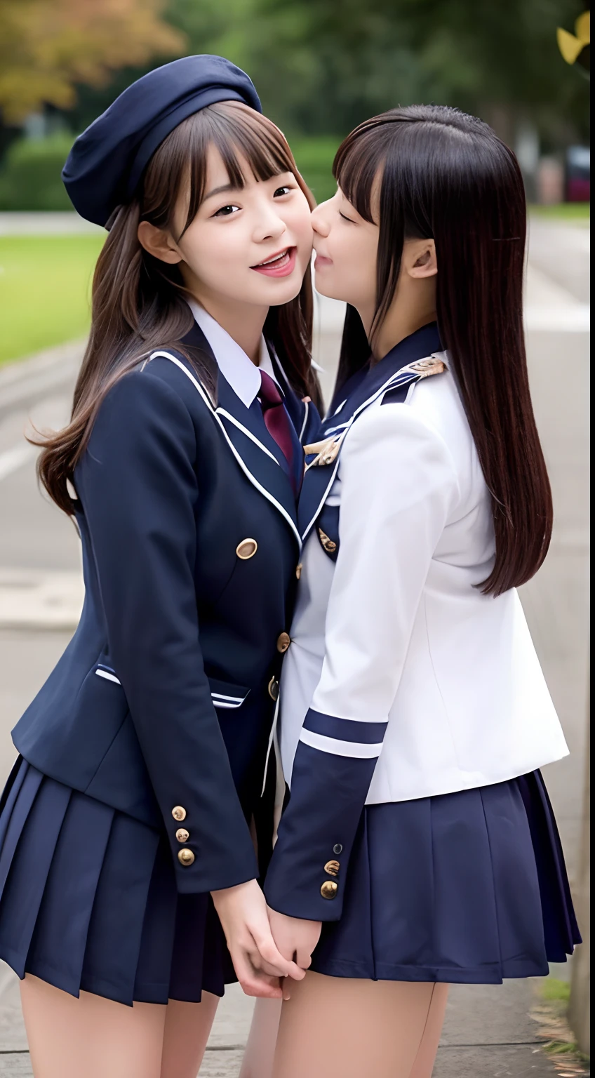 Two girls face each other and kiss tongues,Bian Woman、The whole body is facing each other with beautiful breasts that are close to each other, Boobs are beautiful breasts、Tight contact with the chest high, Intertwined thighs, Blazer Uniform and Sailor Uniform、The uniforms are cute, Another girl touches the girl's spats with her legs、Entangled,Both of them are beautiful girls with gentle faces、small head、Outstanding proportions、