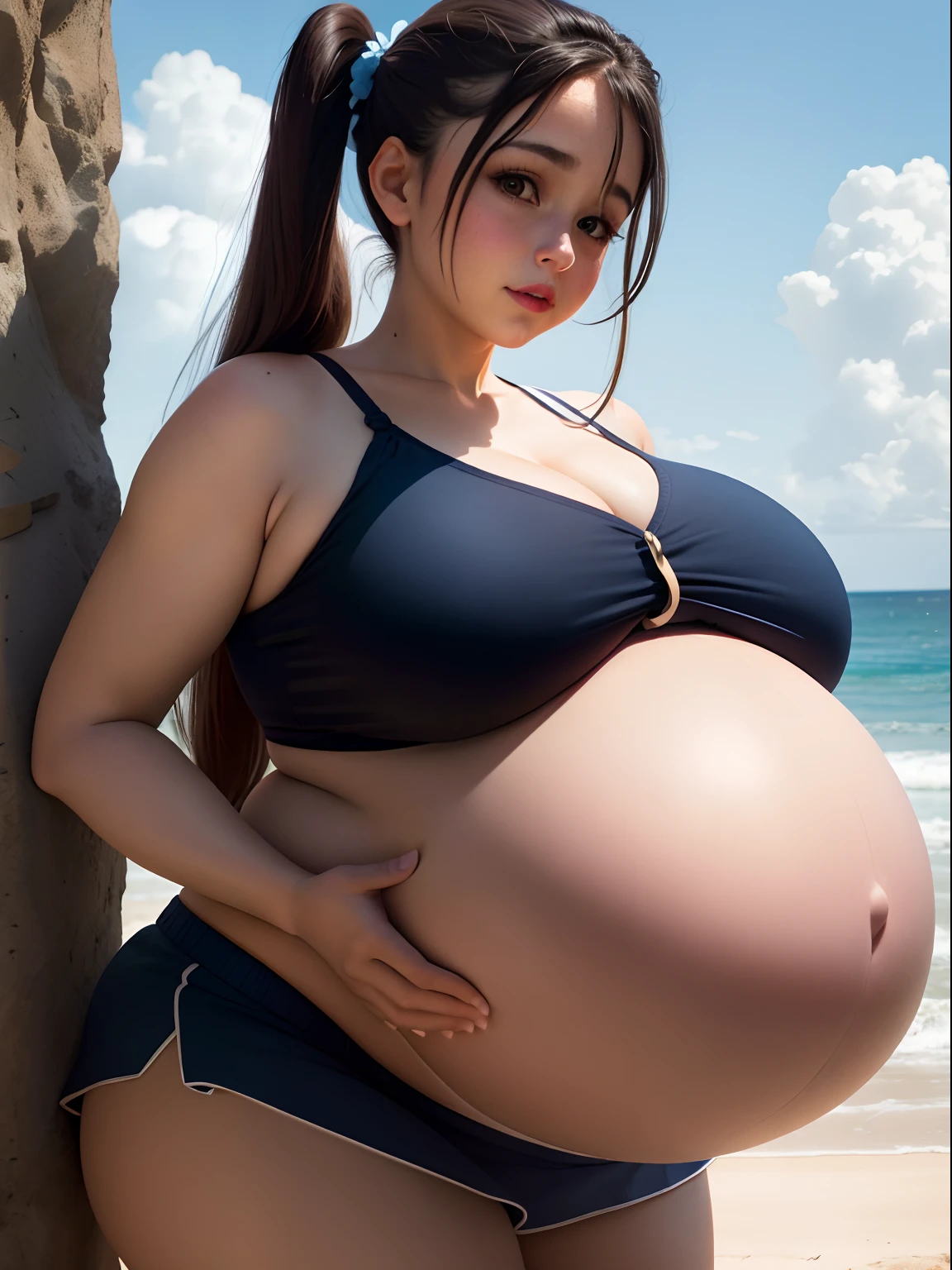 pigtails hairstyle, brown hair,Big  Bump pregnant,blue bra and skirt l, Big boobs, nipple, cum,16 yl, Big pregnant Belly, Big Pregnant girl, Largest Belly of Pregnant, Huge Pregnancy Belly, huge 9 months Pregnancy Belly, background beach, big blue balloons