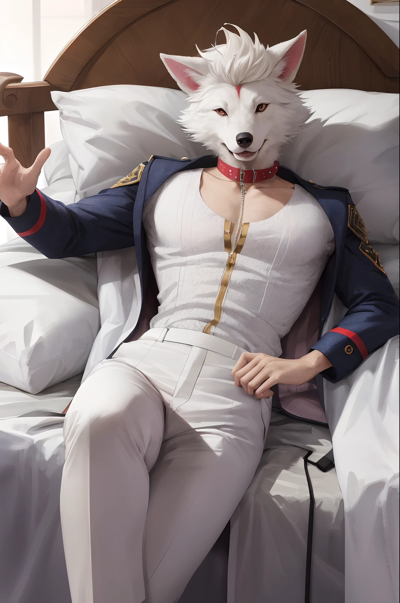 on e621, zackary911, by zackary911, solo, anthro, lycanroc midnight (perfect anatomy, red fur, white belly, hair detailed correctly), choker spiked collar, lying on his back ((bed) (seductively)), detailed body, finely detailed eyes, tail, front view, looking at the observer with an embarrassed smile, blush, holding legs raised, perspective,