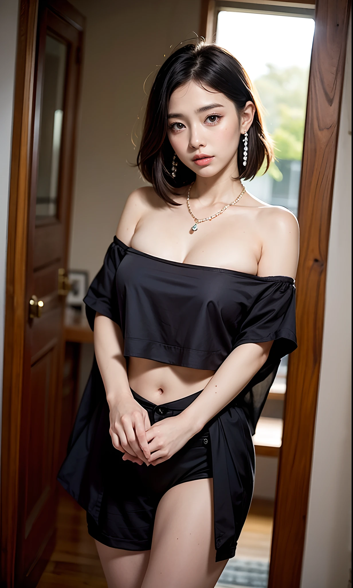 (in 8K、Raw photography、top-quality、hight resolution、realisitic、​masterpiece:1.2)、high-definition RAW color photography、professional photograpy、((seduces、Wearing only panties、Toned abs、dress room))(realisitic、realisiticな:1.37)、ciinematic light,A highly detailed, 32k wallpapers, Best Quality, Ultra-detailed, masutepiece, realisitic, Photorealsitic(twogirls、Stockings),in the light、((glistning skin、The body of a gritty))Always wear panties,ars,へにょへにょしたA smile,skinny thigh,waist with constriction、tiny chest、Breast on the cutting board、short-hair、((A smile)),Looking at Viewer,slender and long body, (Extremely small breasts:1.5),Slender body, small hips. tight butt,cute butt,(Lean, lean body)