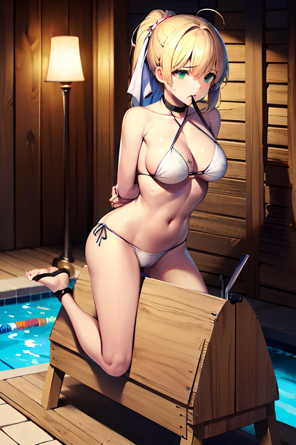 masutepiece, Best Quality, hight resolution, CC Saver, Blonde hair, Green eyes, Ahoge, (a white bikini:1.3),  frown,, 1girl in, wooden horse, Crotch rubbing, Thought-provoking liquids, Shibari,, masutepiece, Best Quality, Highly detailed、(Hands behind your back:1.5)、nffsw, Large breasts,  female focus, Full body,  Juice, Sweat, (Straddling a wooden horse:1.3)、is crying、(Mouth open:1.3)、(swimming pools:1.3)、swimming pools, in poolside, tiled floor, Indoors, window, Eau, ,独奏