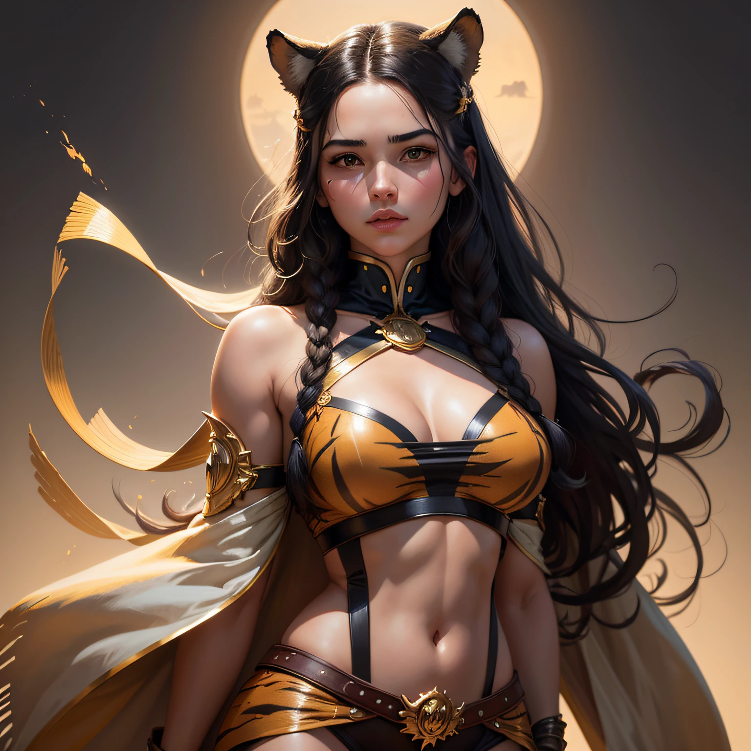 tigre, Long hair in a braid, orelhas de tigre, pelo listrado, visuais bonitos, aesthetic, efeito de sombra, olhar de tigre Brilho, brilhar, dourado, brilhante, ((ROUPA DE PELE DE TIGRE)), FOCO NO OLHAR PERFEITO DE TIGRE, Insanamente detalhado e intrincado, altamente detalhado, ArtStation por WLOP, por artgerm, arte por Tom Bagshaw, Atey Ghailan, Andrew Atroshenko, Stanley Artgerm.