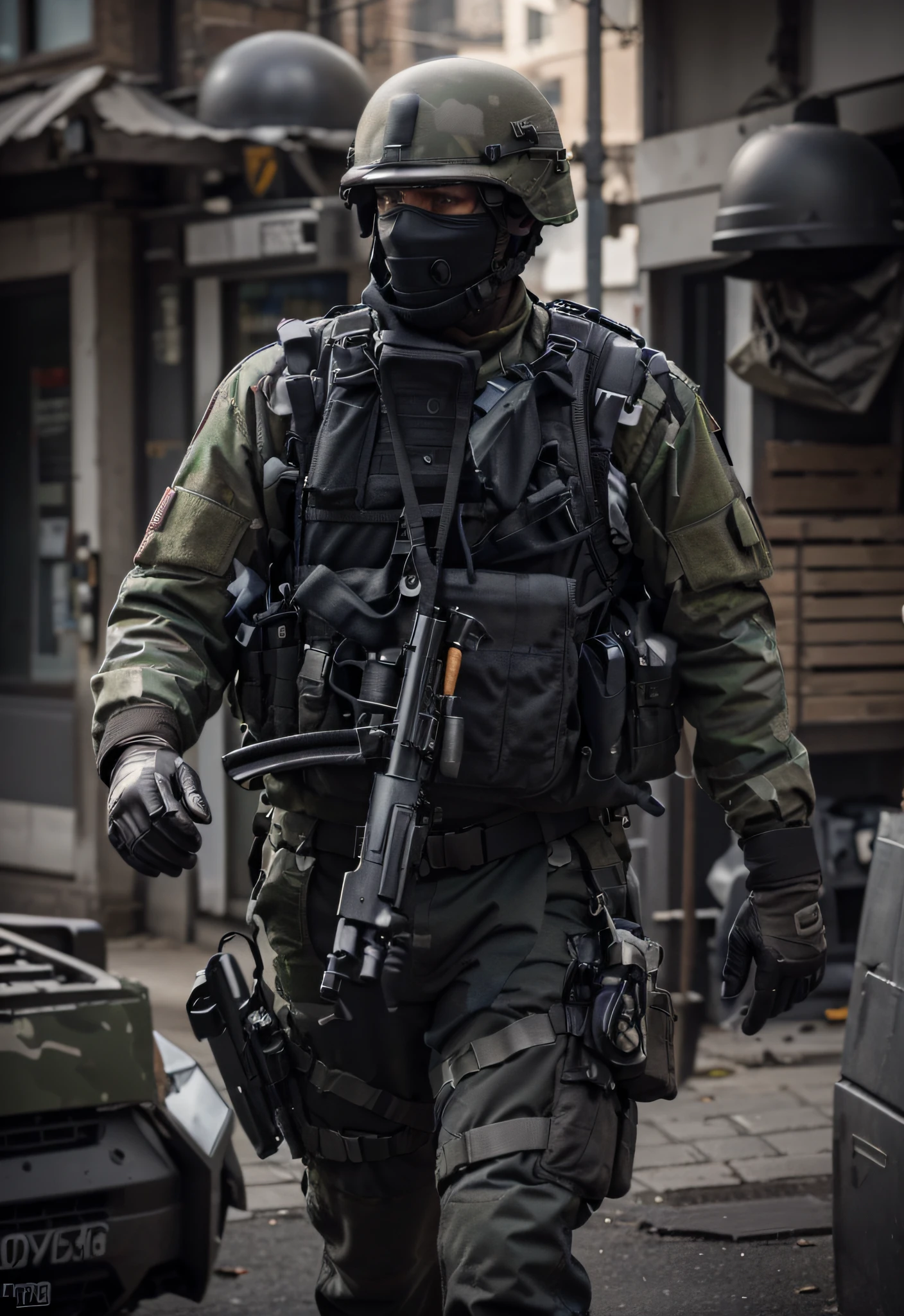 Male soldier, Face covered, black helmet, Military uniform, Black tactical uniform, Gray and white camouflage, Camouflage bulletproof vest, Belt with ammunition, carries a rifle, hands with gloves, Highly detailed hands, Image background, Modern city, Fire, Smoke Debris, 4k, Ultra detailed image, realistic, Highly detailed, perfect composition, gorgeous, Intricately detailed, incredibly detailed, Art photography 8K, hyper detailed, Masterpiece, Ultra detailed, hyper realistic, 4k, Ultra detailed image, realistic , Highly detailed, perfect composition, beautiful, intricately detailed, incredibly detailed, art photography 8k, hyper detailed, masterpiece